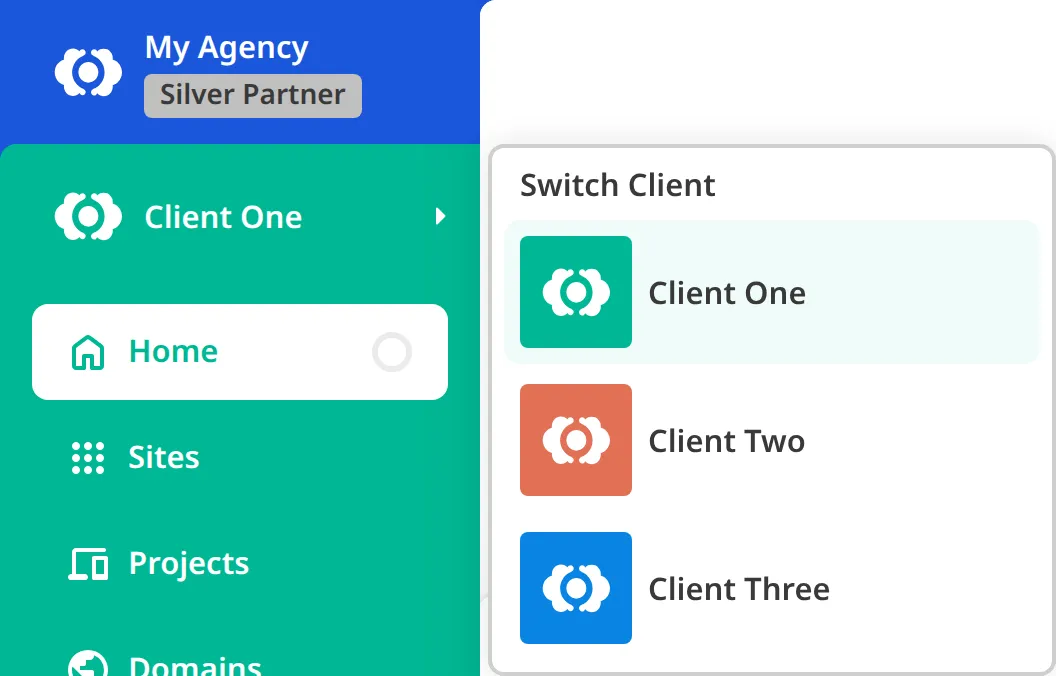 A screenshot of the App Sidebar shows the Switch Client menu open, listing the partner's Client Organizations, with a Partner Organization card above the current Client Organization card.