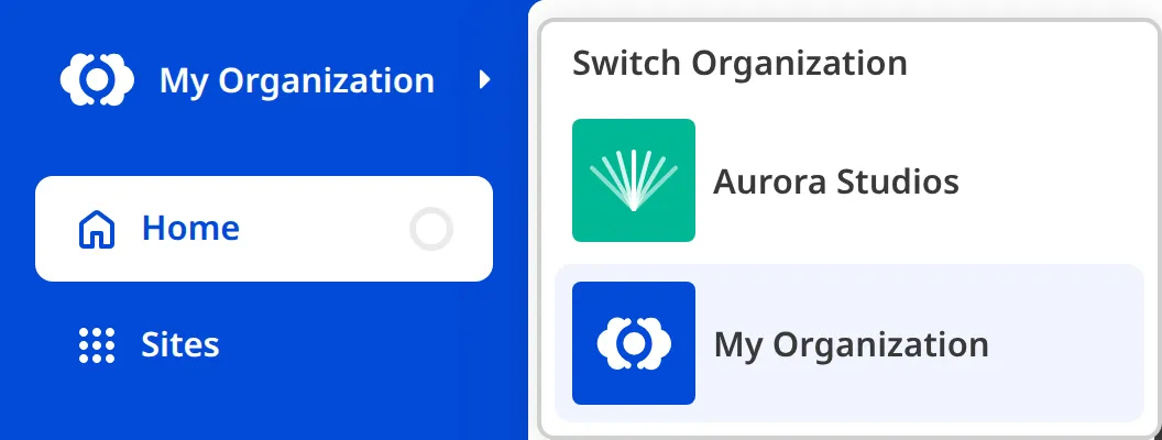 A screenshot of the App Sidebar shows the current Organization card expanded into a Switch Organization menu that lists the Organizations you belong to.