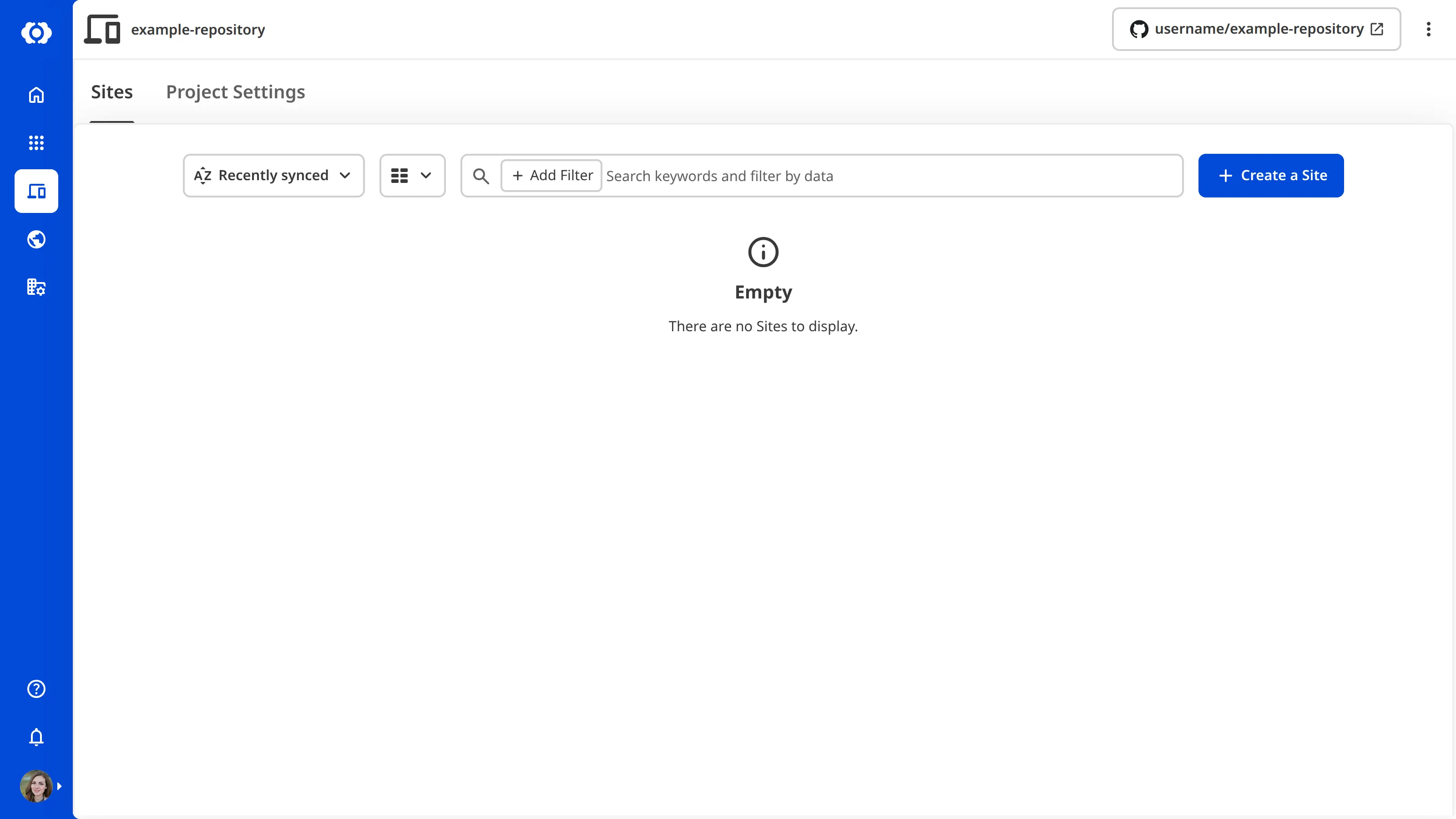 A screenshot of an empty Project page showing the Sites tab with no Sites to display.