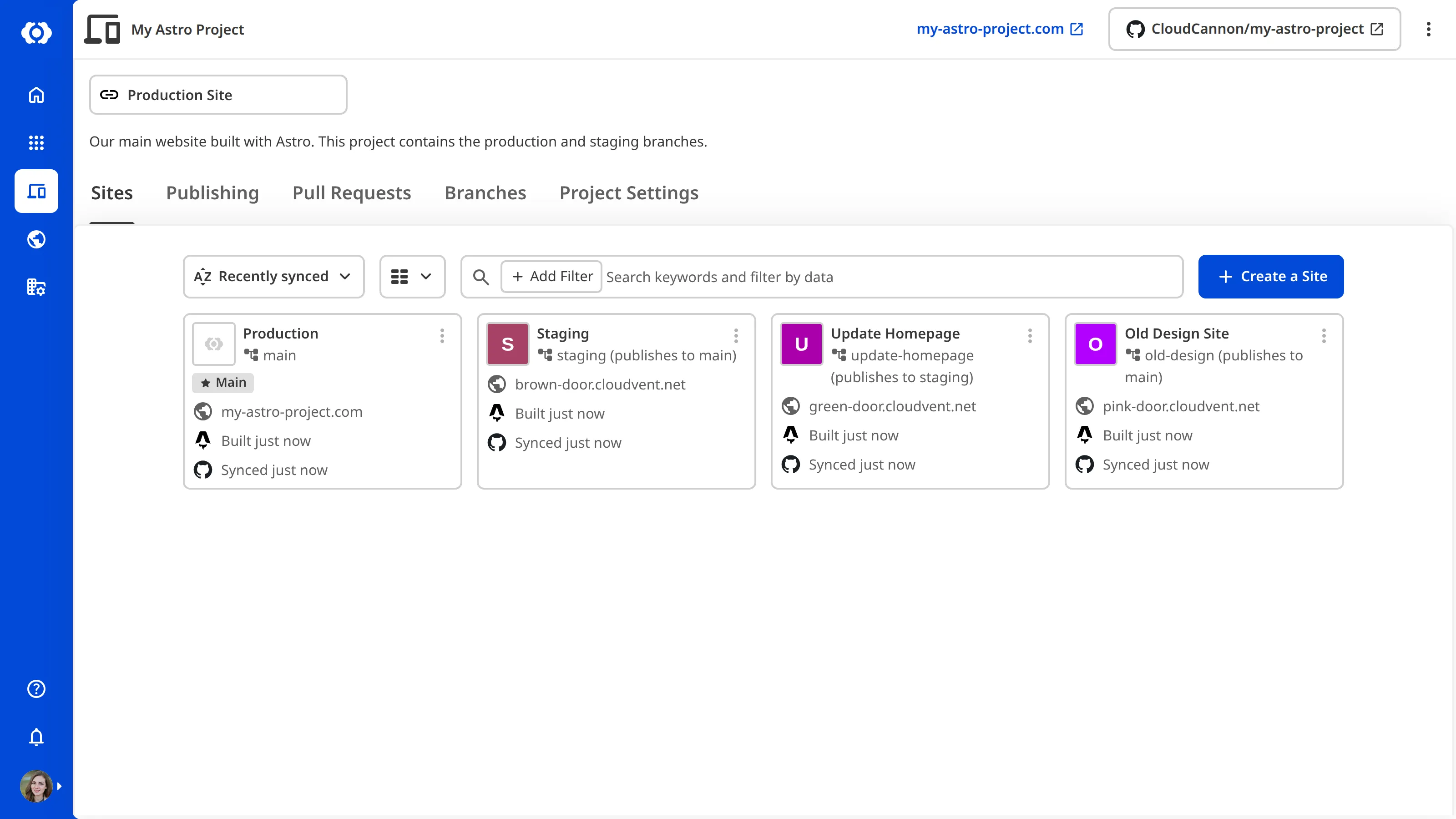 A screenshot of the Project page showing the Sites tab with multiple Sites connected to different branches.