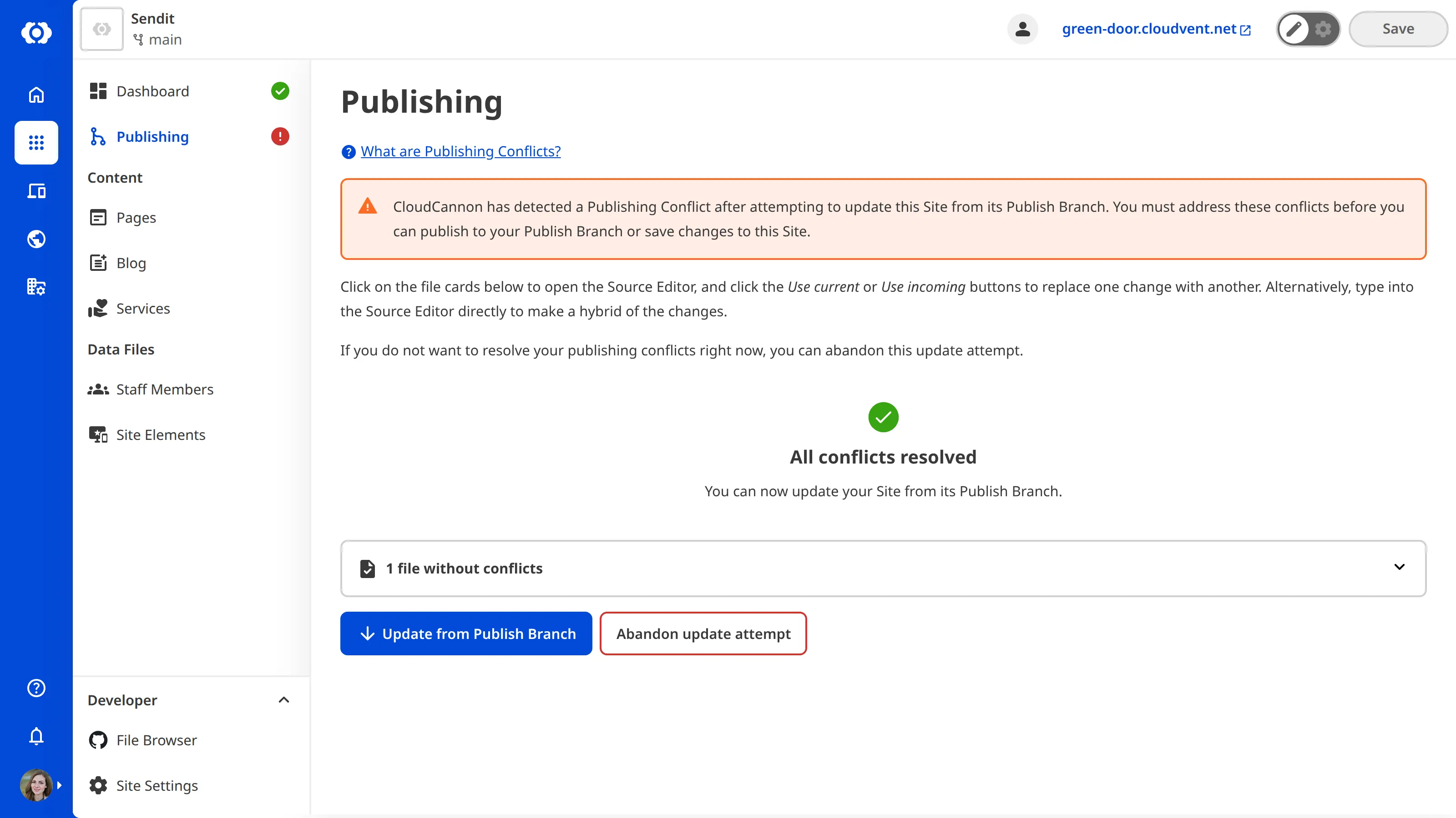 A screenshot of the Publishing page shows a conflicted file after a version has been picked, with the Mark resolved button ready.