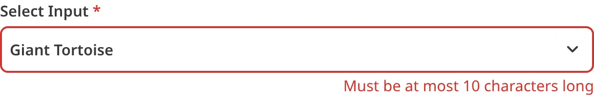 A screenshot of the Select Input in the Data Editor shows an error message as the value is too many characters.