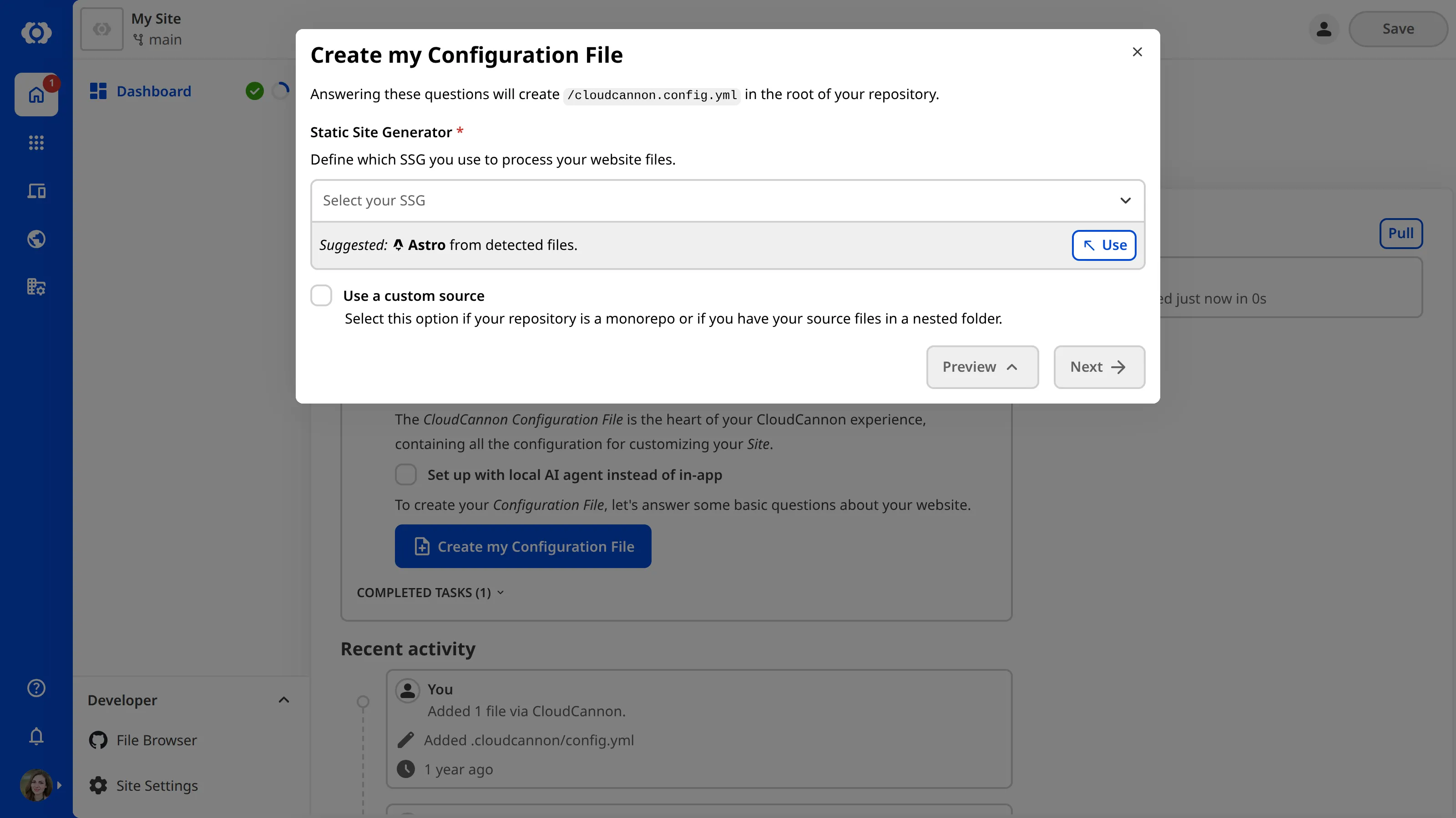 A screenshot of the Create my Configuration File modal shows text fields for selecting your SSG and source folder.
