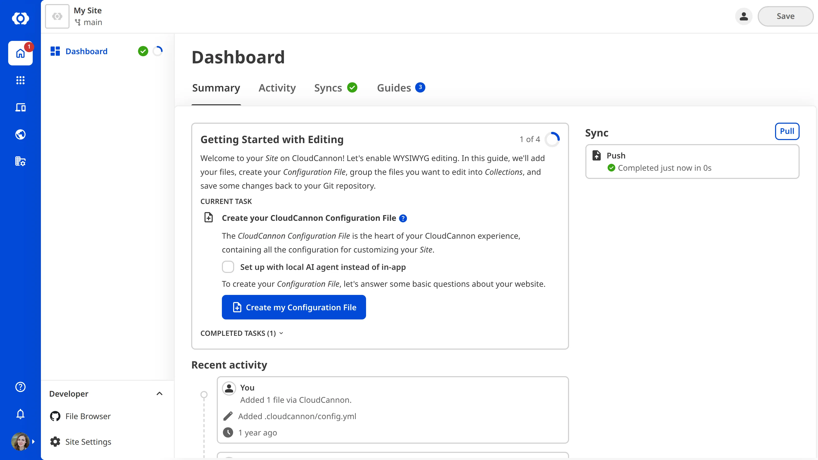 A screenshot of the Create your CloudCannon Configuration File task from the Getting Started task list shows the Create my Configuration File button.