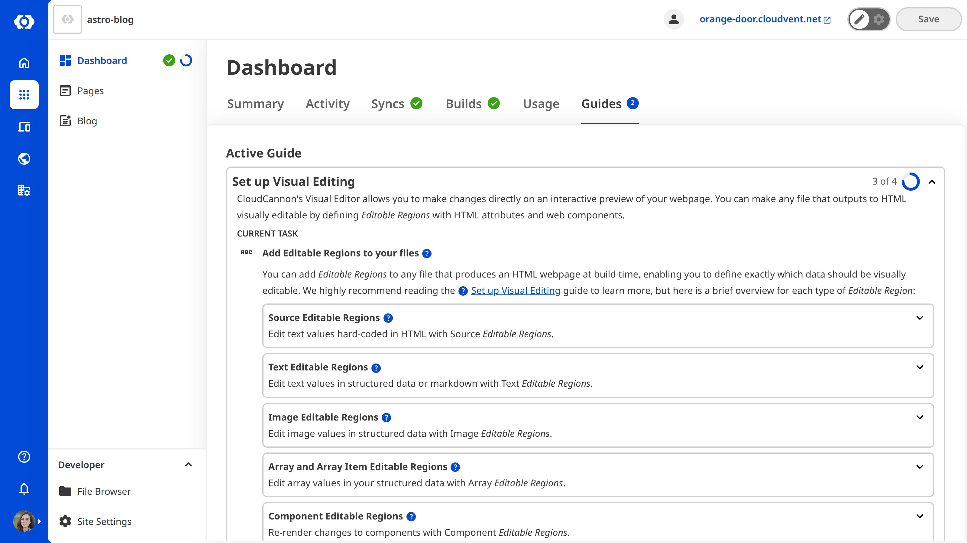 The Site Dashboard Guides tab A screenshot of the Guides tab on the Site Dashboard shows that the active in-app guide is Set up Visual Editing.
