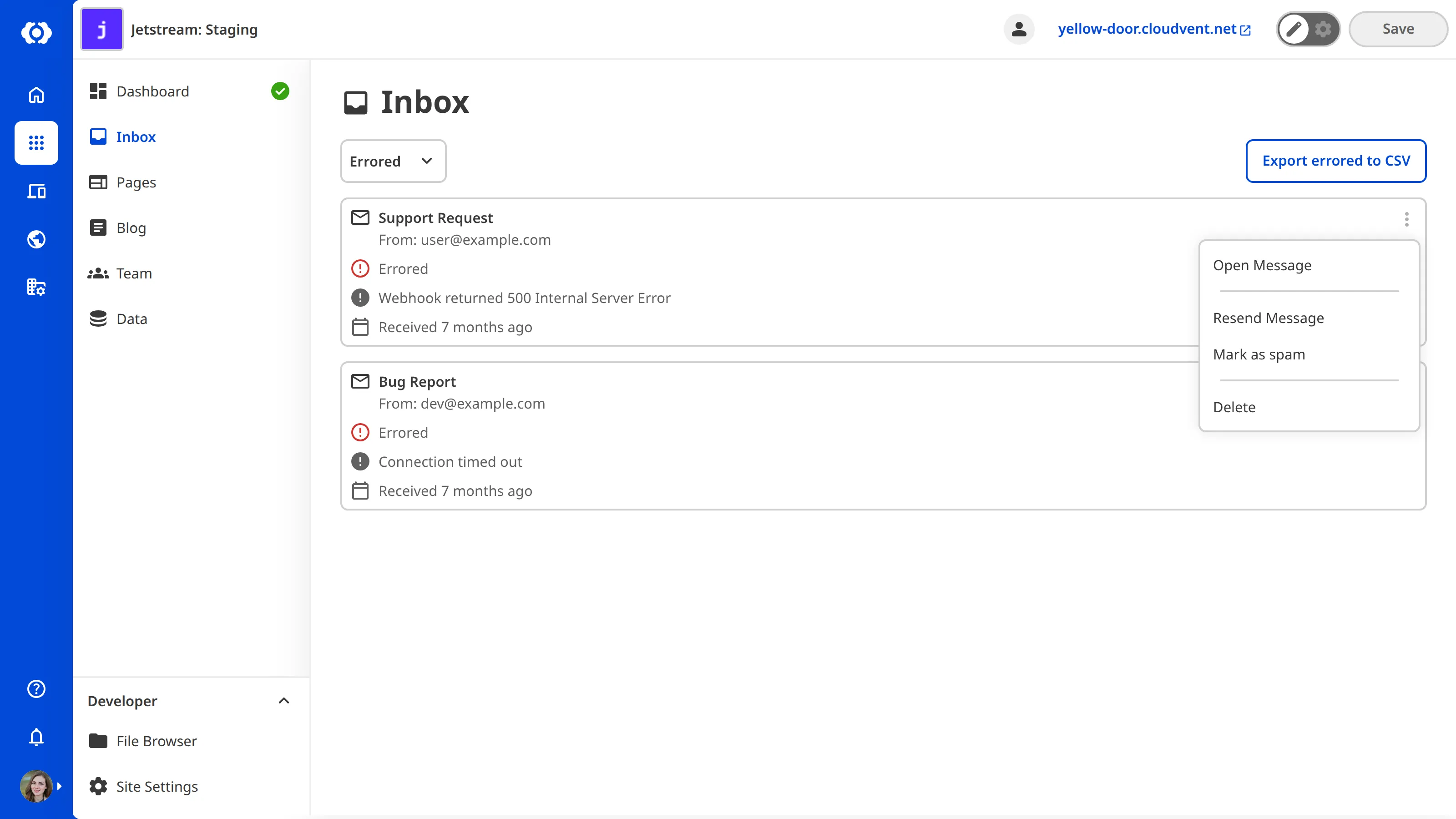 The Errored category with context menu A screenshot of the Inbox shows the Errored category with a context menu open on a submission, displaying the error message and resend option.