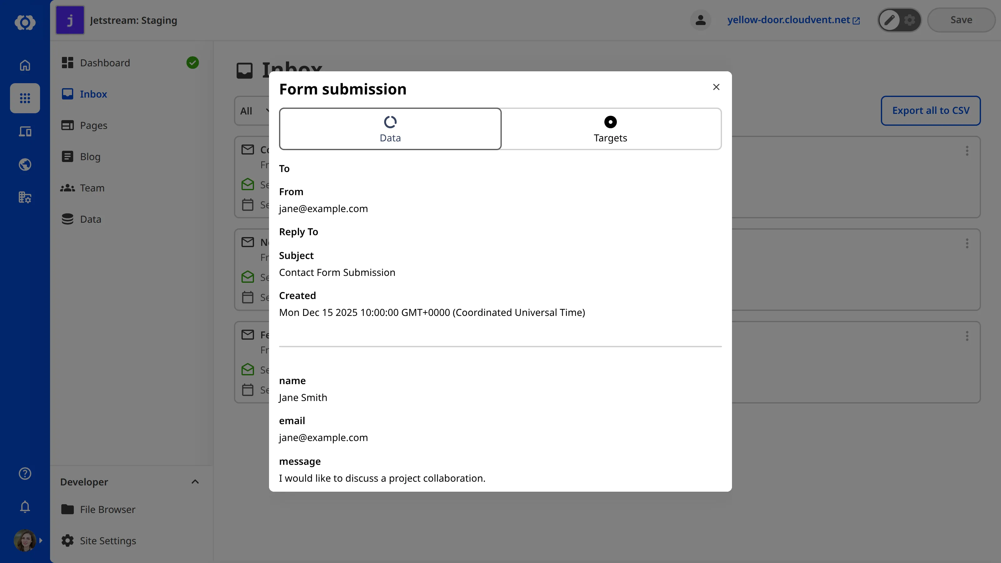 A screenshot of the submission details modal shows the form data, including the sender, subject, and submitted fields.