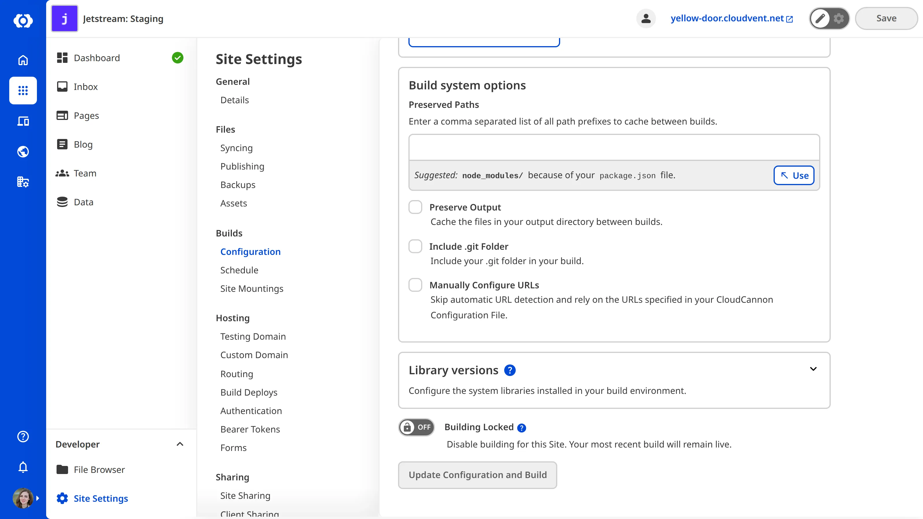 The Manually Configure URLs option The Build Configuration page scrolled to the Build system options section, showing the Manually Configure URLs checkbox.