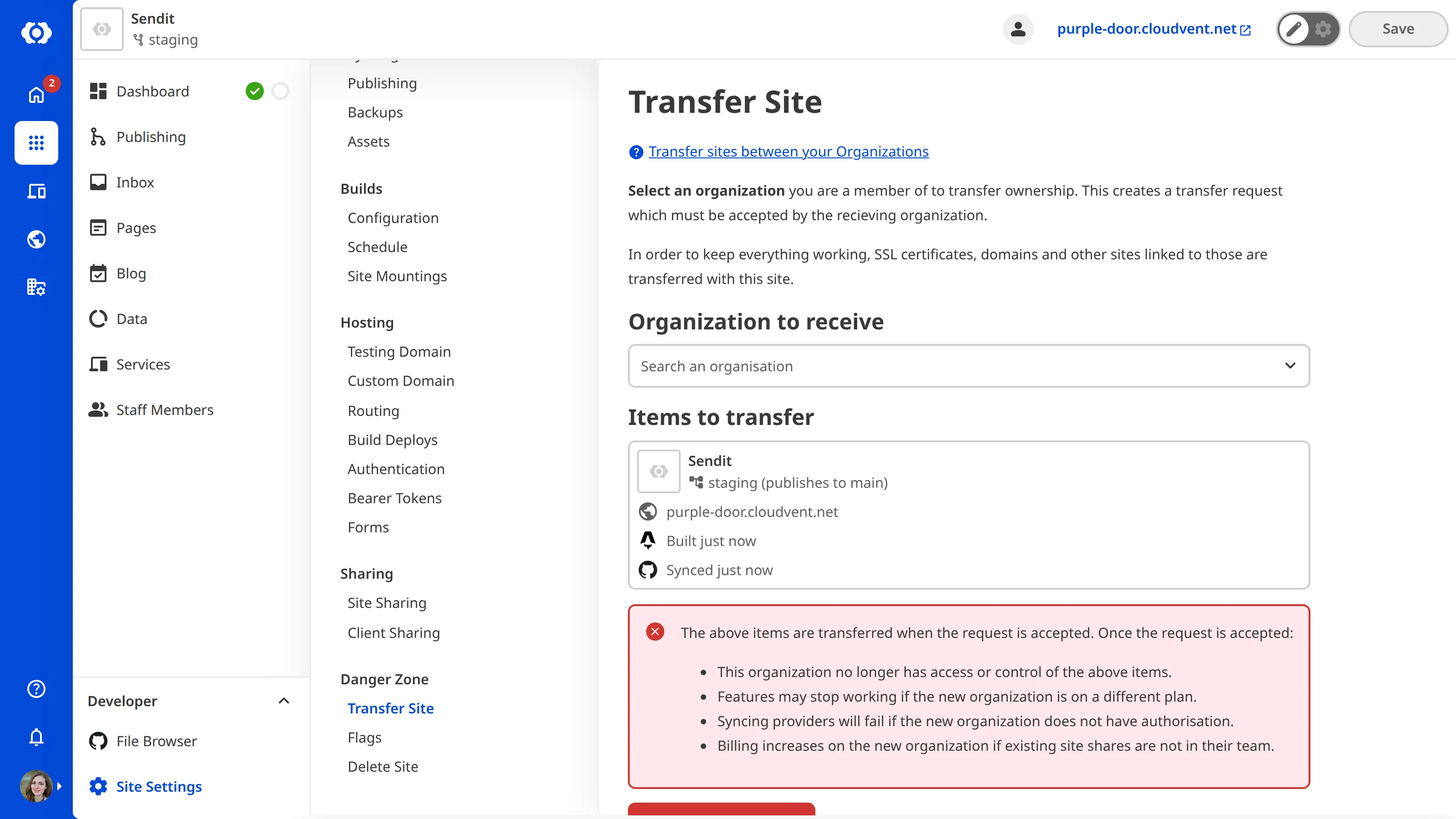 A screenshot of the Transfer Site page shows a menu for choosing the destination Organization and the Send Transfer Request button.