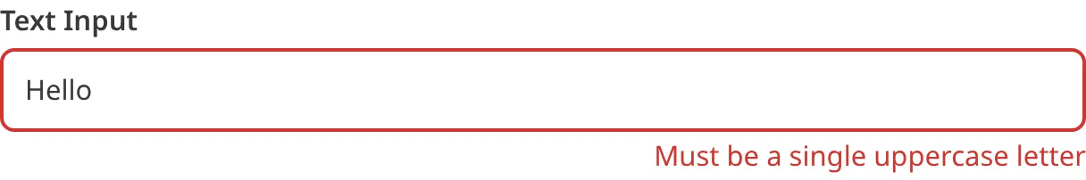 A screenshot of the Text Input in the Data Editor shows an error message as the value does not match the configured pattern.