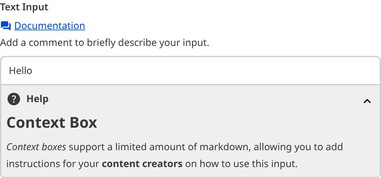 A screenshot of the Text Input in the Data Editor with a Context Box underneath the text area.