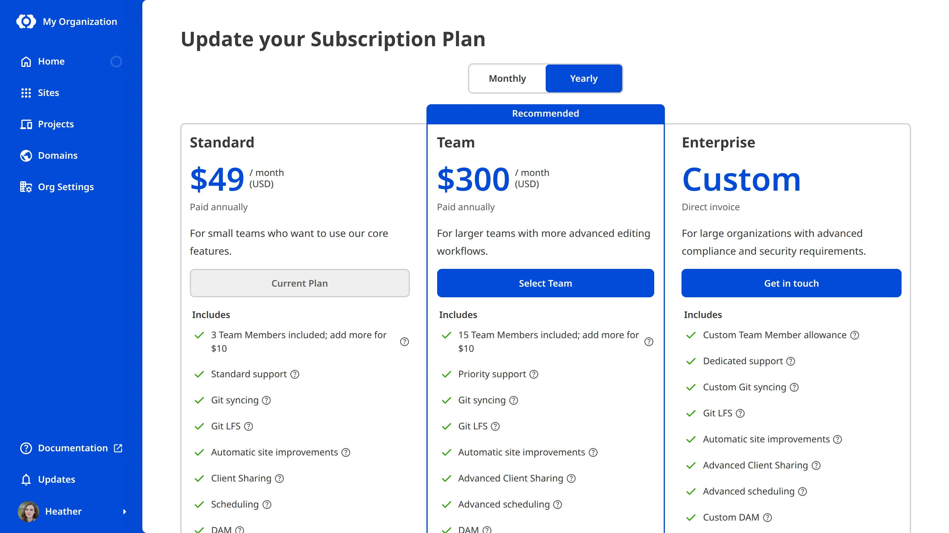 A screenshot of the Update your Subscription Plan page in CloudCannon, showing the Billing Period toggle set to Yearly and a comparison of the available Subscription Plans.