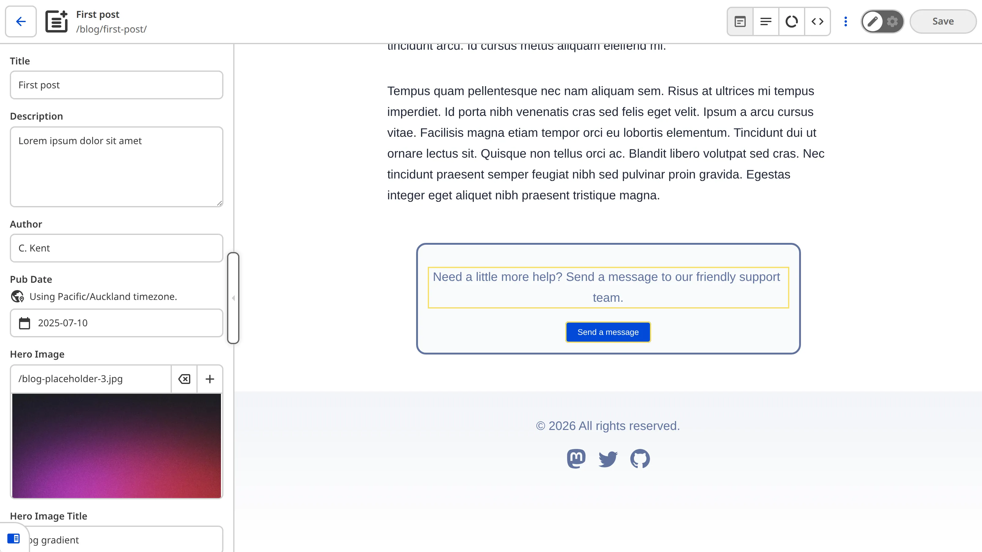A screenshot of the Visual Editor shows a yellow Editable Region box around the Call to Action component on the blog page.