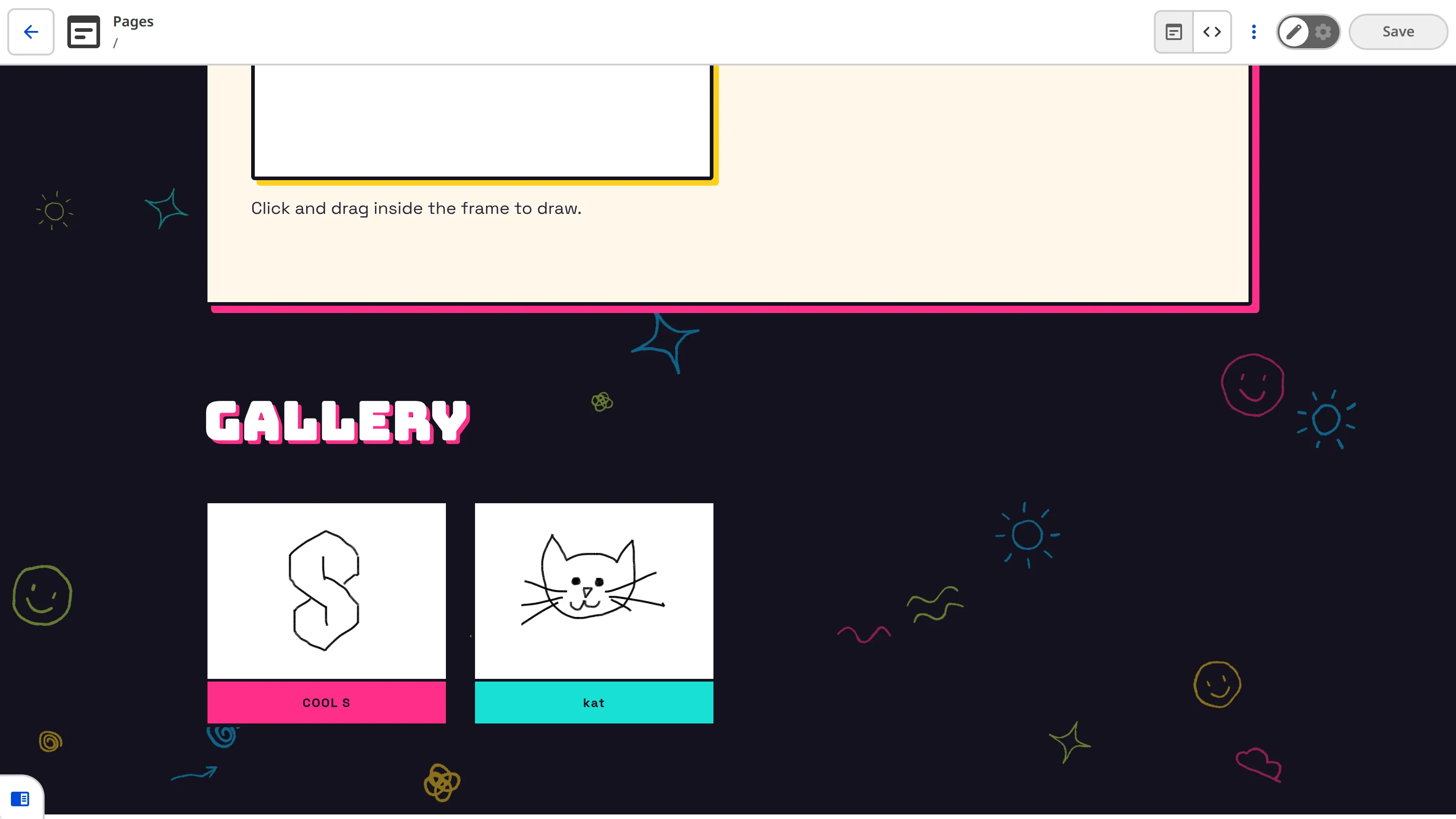 A screenshot of the Doodle Gallery section showing two submitted doodles, each with a caption, rendered from the data file.