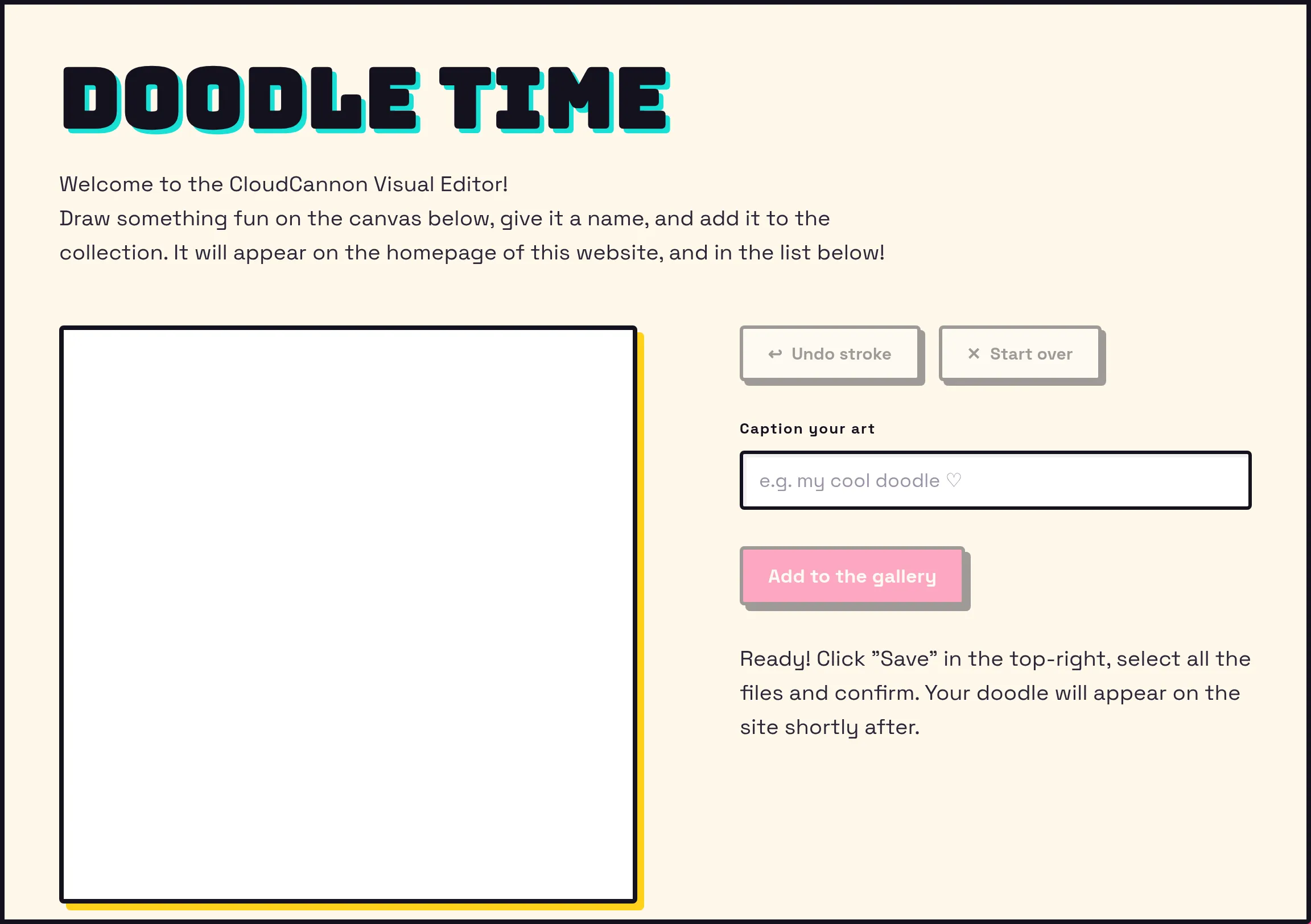 A screenshot of the custom drawing interface inside the Visual Editor, with a blank canvas on the left and caption and submit controls on the right.