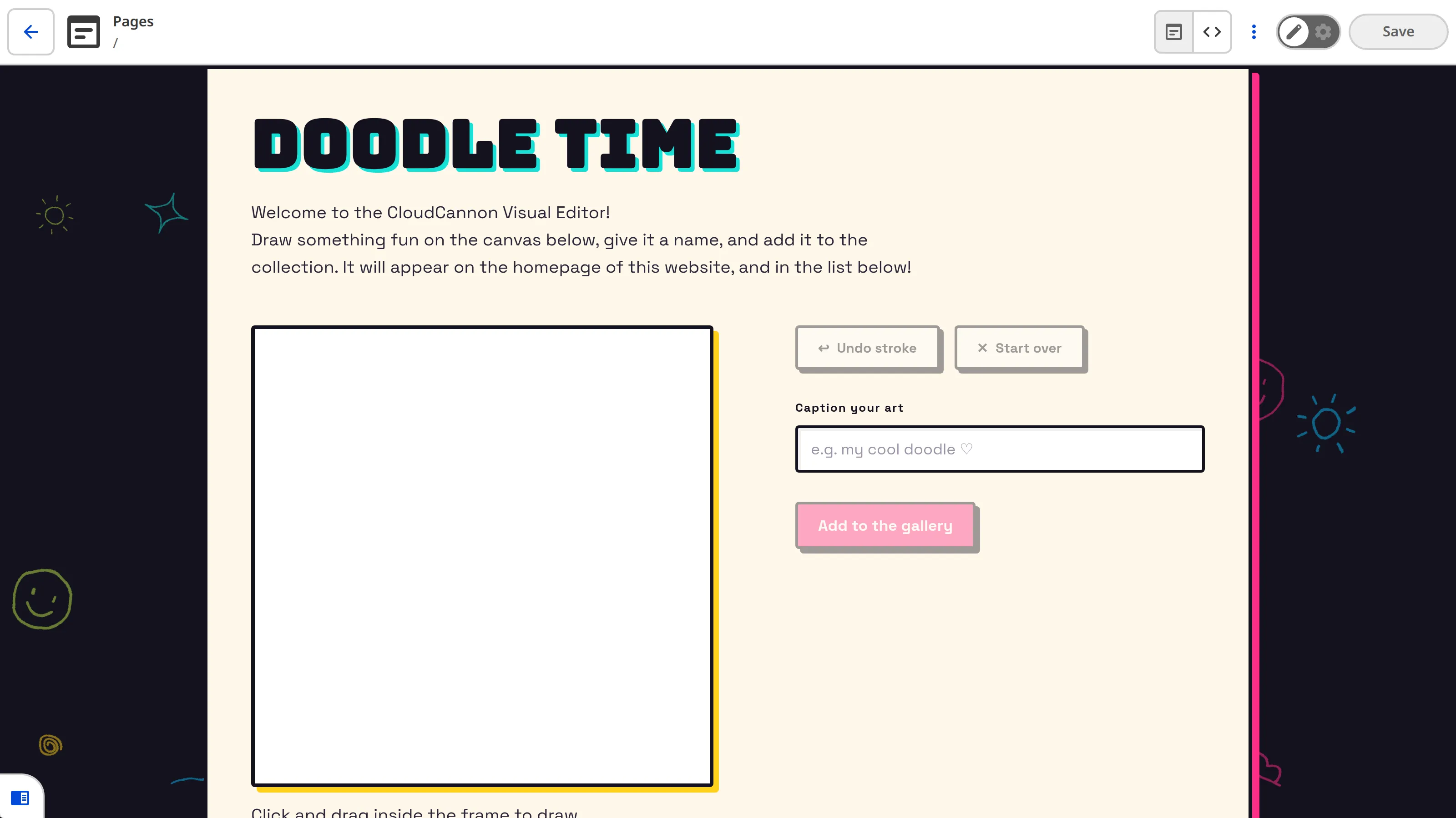 A screenshot of the Visual Editor shows the Doodle Gallery's drawing tool at the top of a webpage preview, with a blank canvas, a caption field, and an Add to the gallery button.