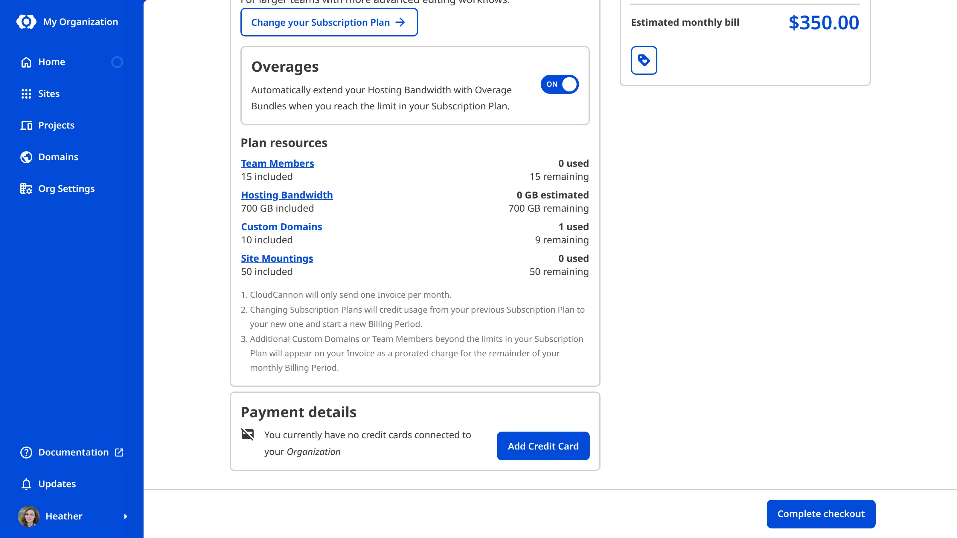 A screenshot of the Your Subscription Plan page in CloudCannon, scrolled down to the Payment details section, shows the Add Credit Card button.