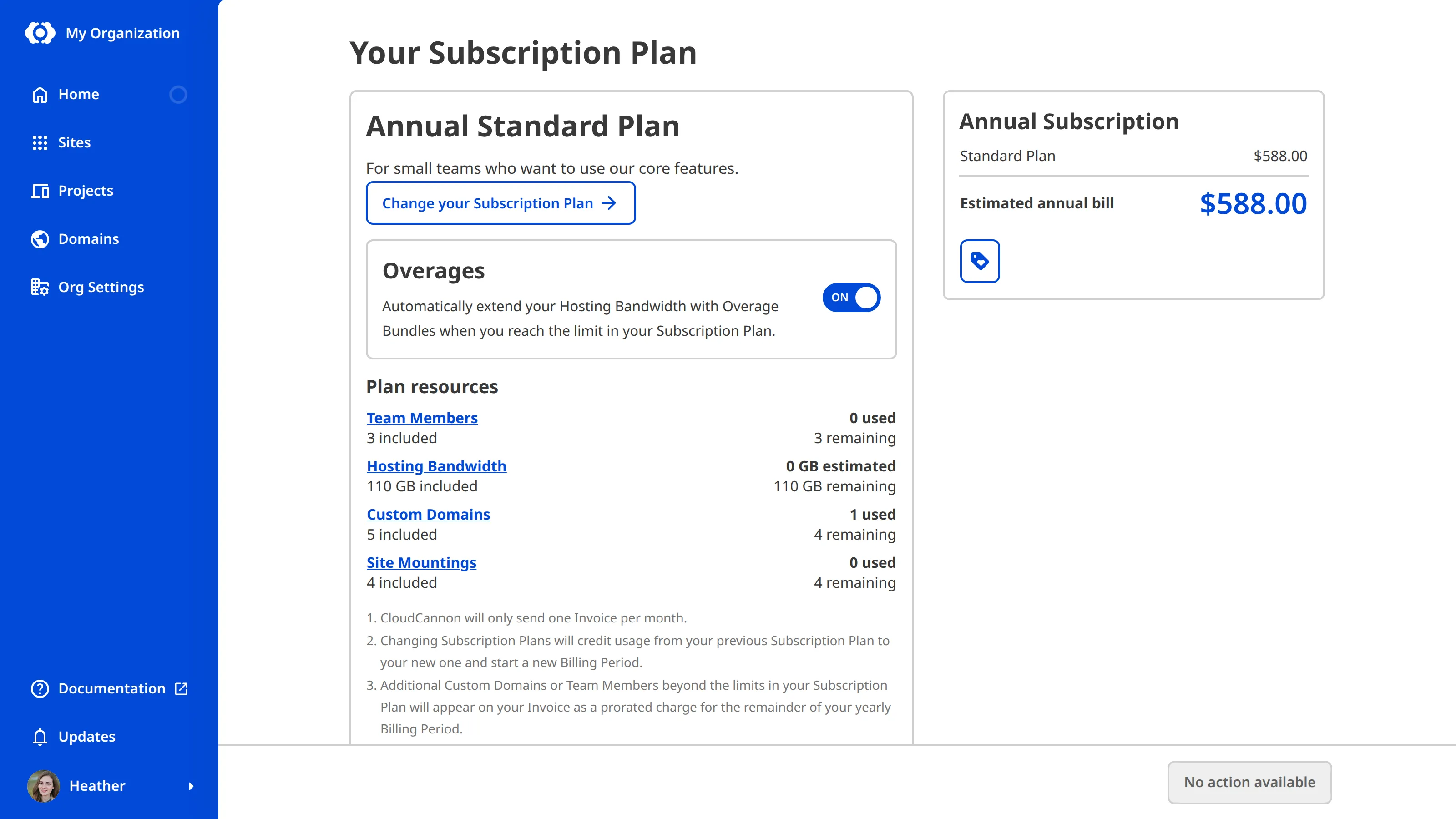 A screenshot of the Your Subscription Plan page shows the Overages toggle, plan resources, and estimated bill.