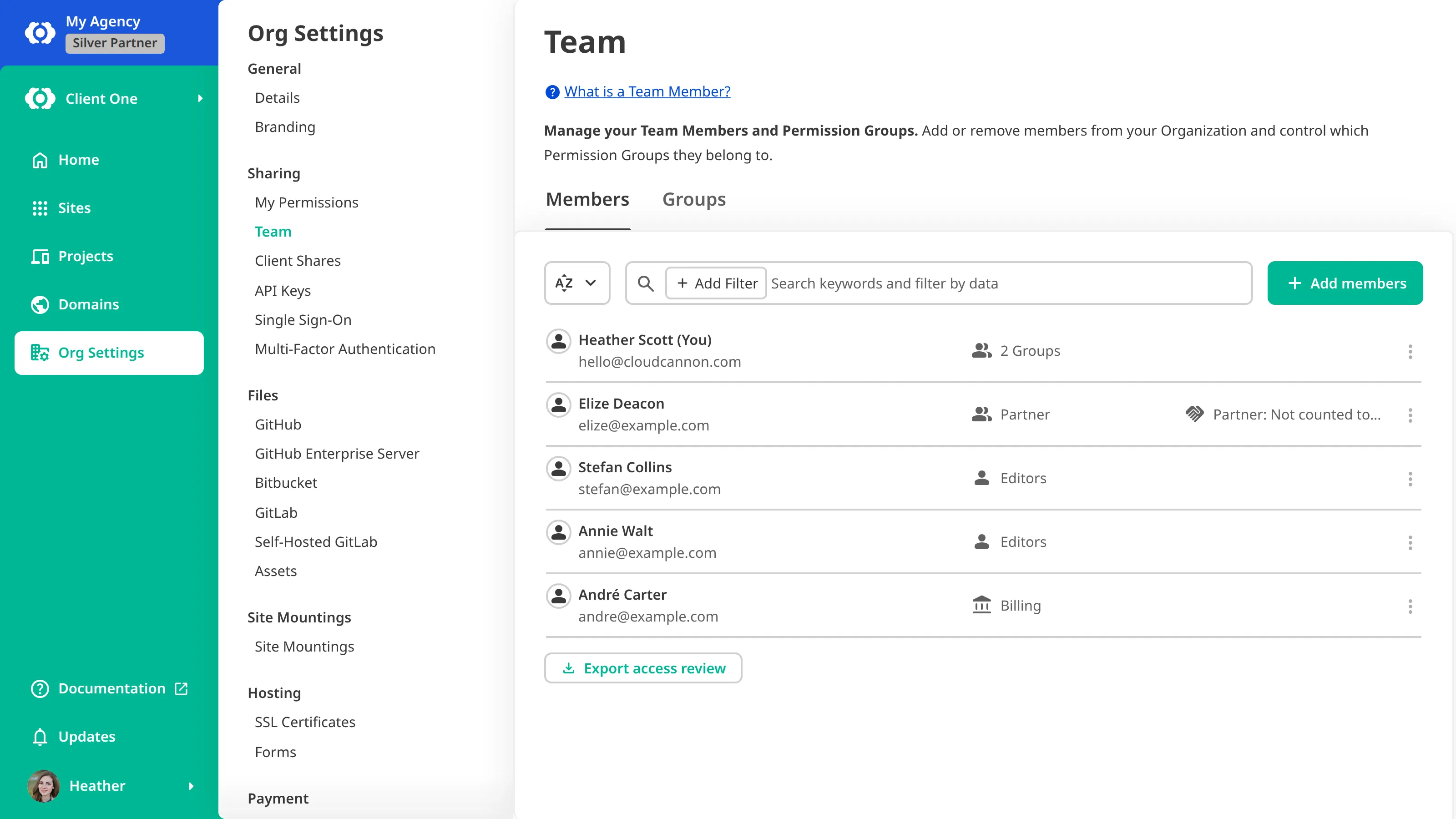 A screenshot of the Members tab on the Team page of a Client Organization shows a member of the Partner Permission Group labeled Partner, not counted toward billing, alongside the client's own Team Members in the Editors and Billing Permission Groups.