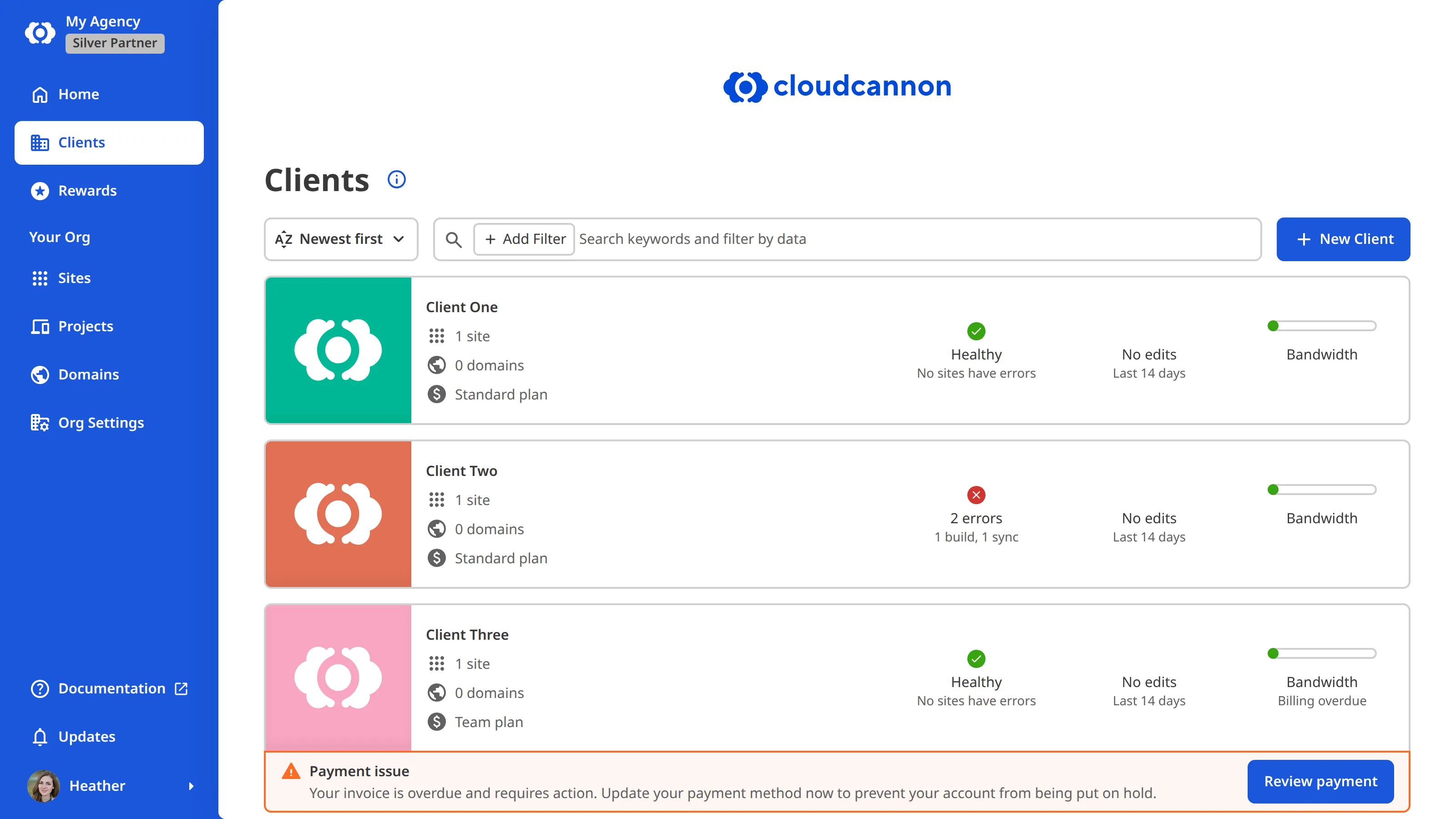 A screenshot of the Client Organizations Browser in a Partner Organization shows four Client Organizations as cards, each listing its Sites and domains counts, Subscription Plan, and issue status, with the New Client button above the list and the Clients link in the App Sidebar.