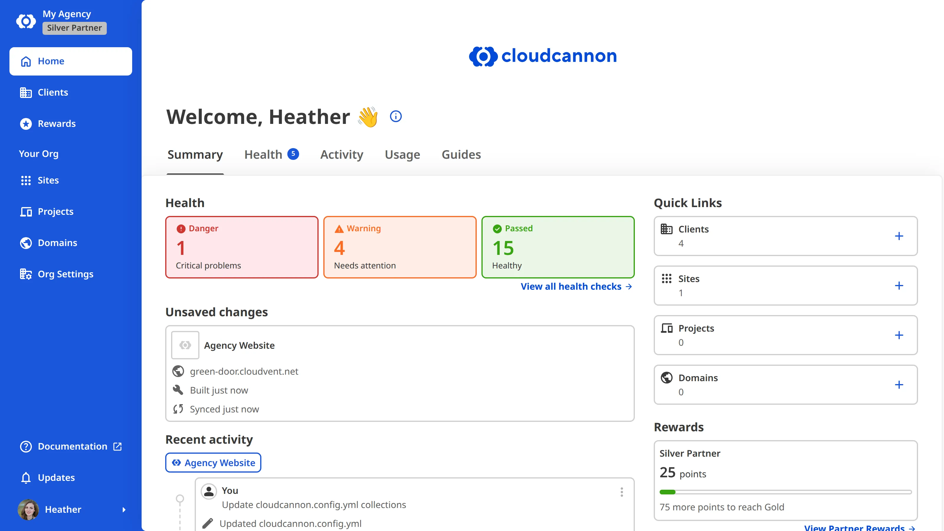 A Partner Organization Home A screenshot of a Partner Organization Home shows Clients and Rewards in the App Sidebar and a Partner Rewards tier summary.