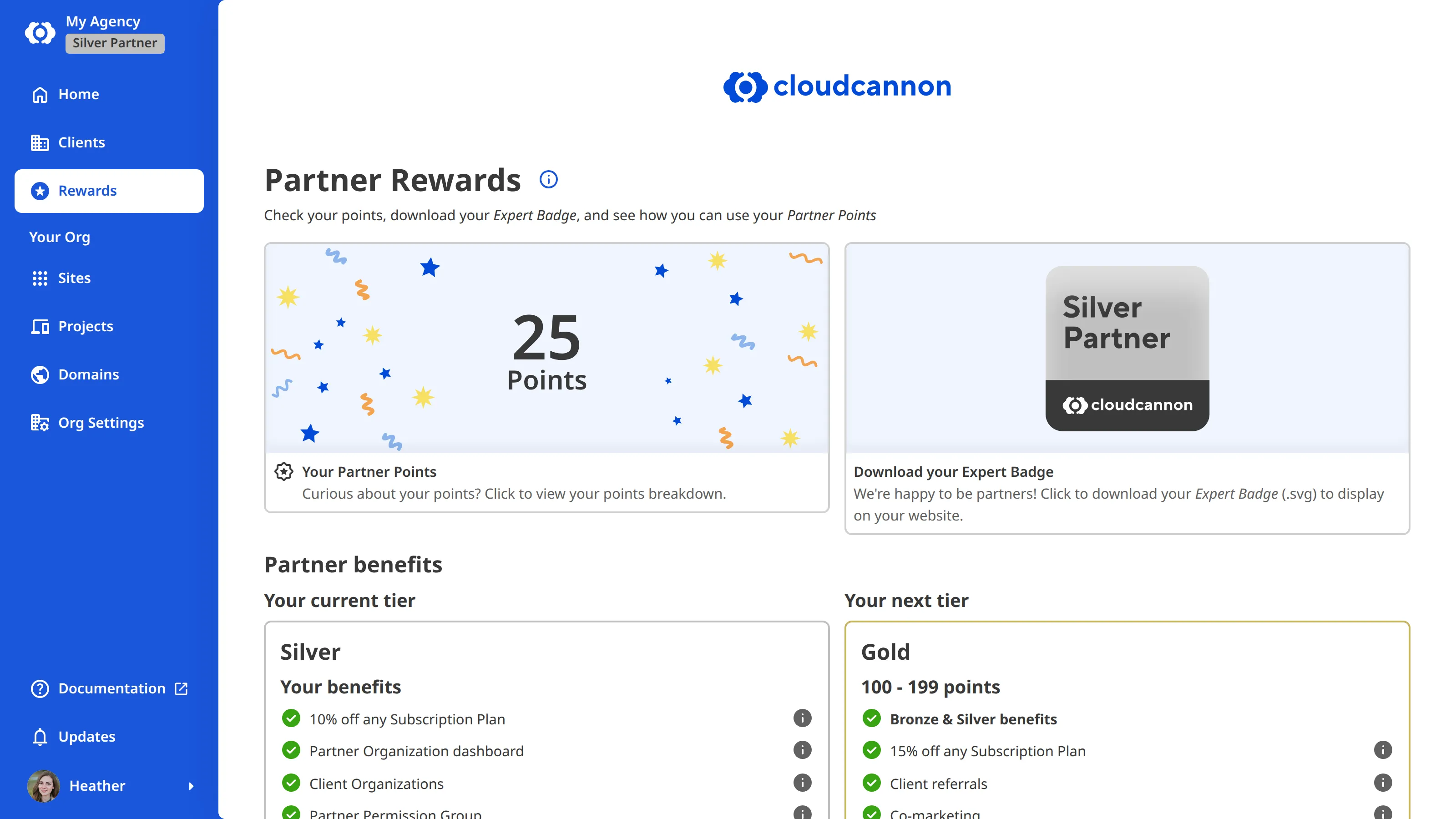 The Partner Rewards page A screenshot of the Partner Rewards page in CloudCannon, showing the partner points total, the current tier, unlocked benefits, and the next tier.