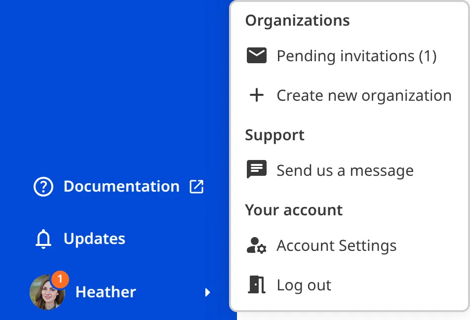 The Account Menu with a pending invitation A screenshot of the open Account Menu shows the Pending invitations option at the top.