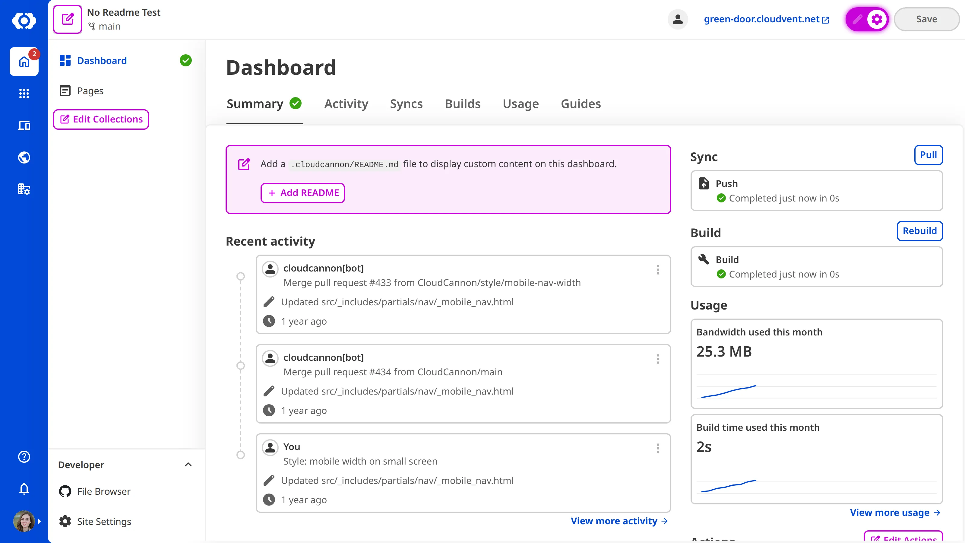 A screenshot of the Site Dashboard with Configuration Mode on shows a purple + Add README button.