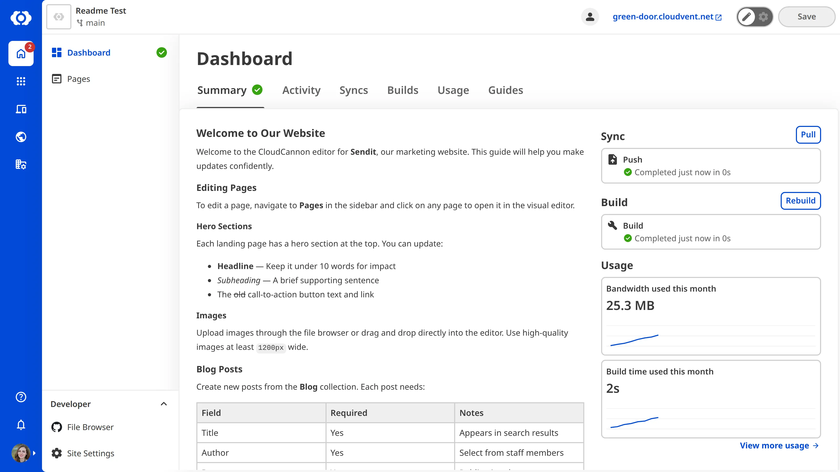 A screenshot of the Site Dashboard shows custom Markdown content at the top of the Summary tab.