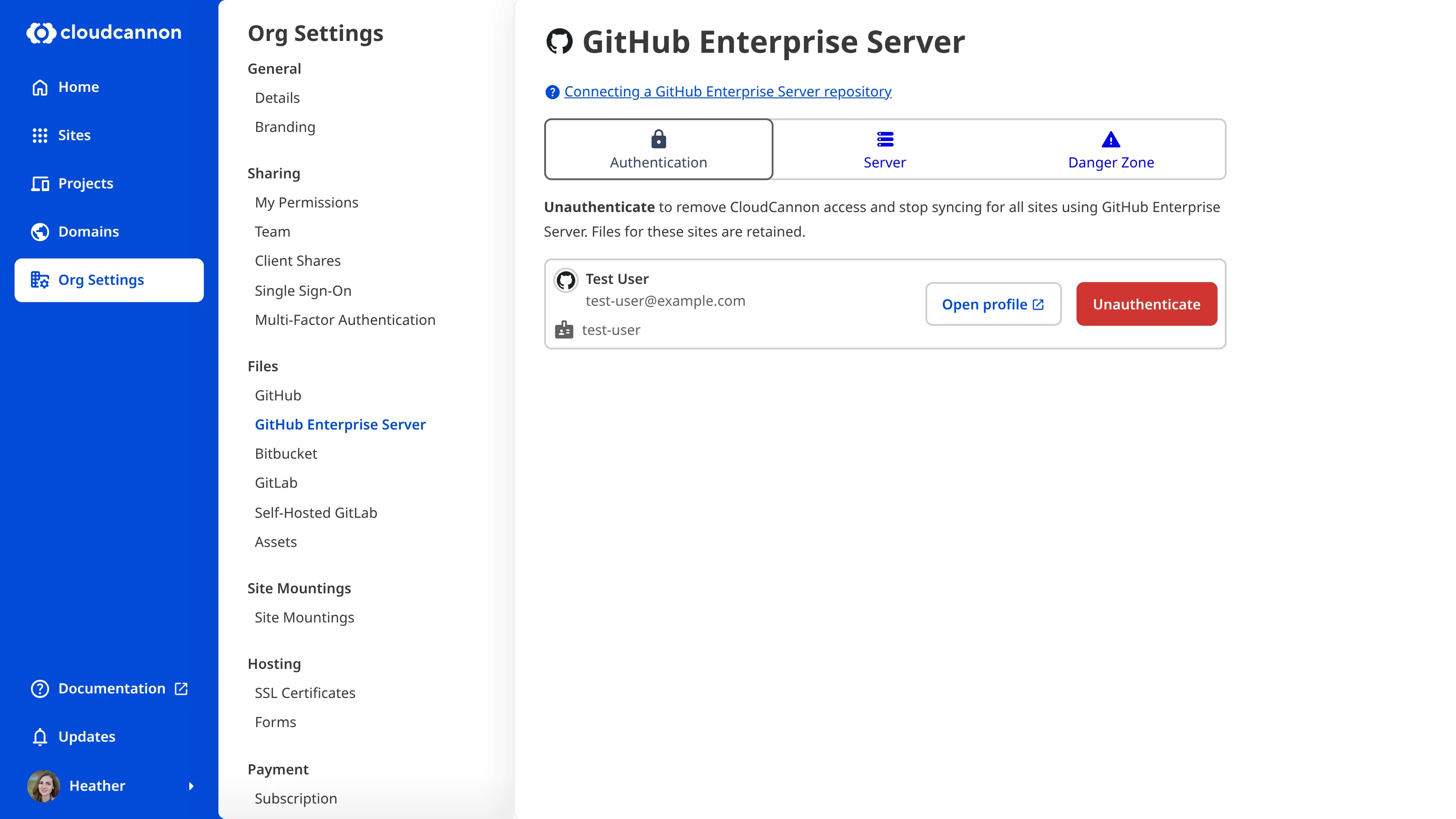 A screenshot of the Organization Settings page for GitHub Enterprise Server shows the configured and authenticated state with Authentication, Server, and Danger Zone tabs.