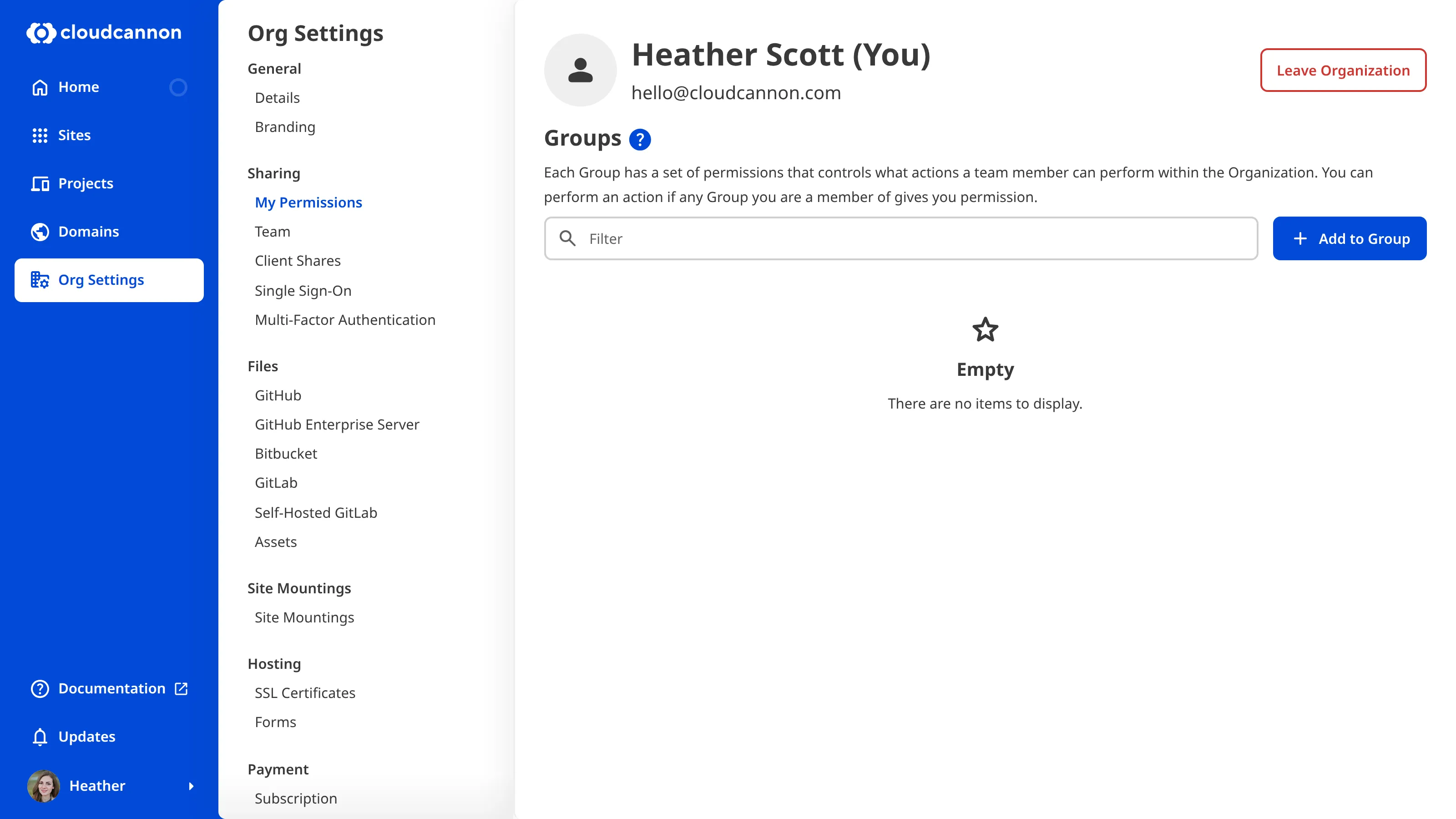 A screenshot of the My Permissions page shows which Permission Groups a team member belongs to and the Leave Organization button.