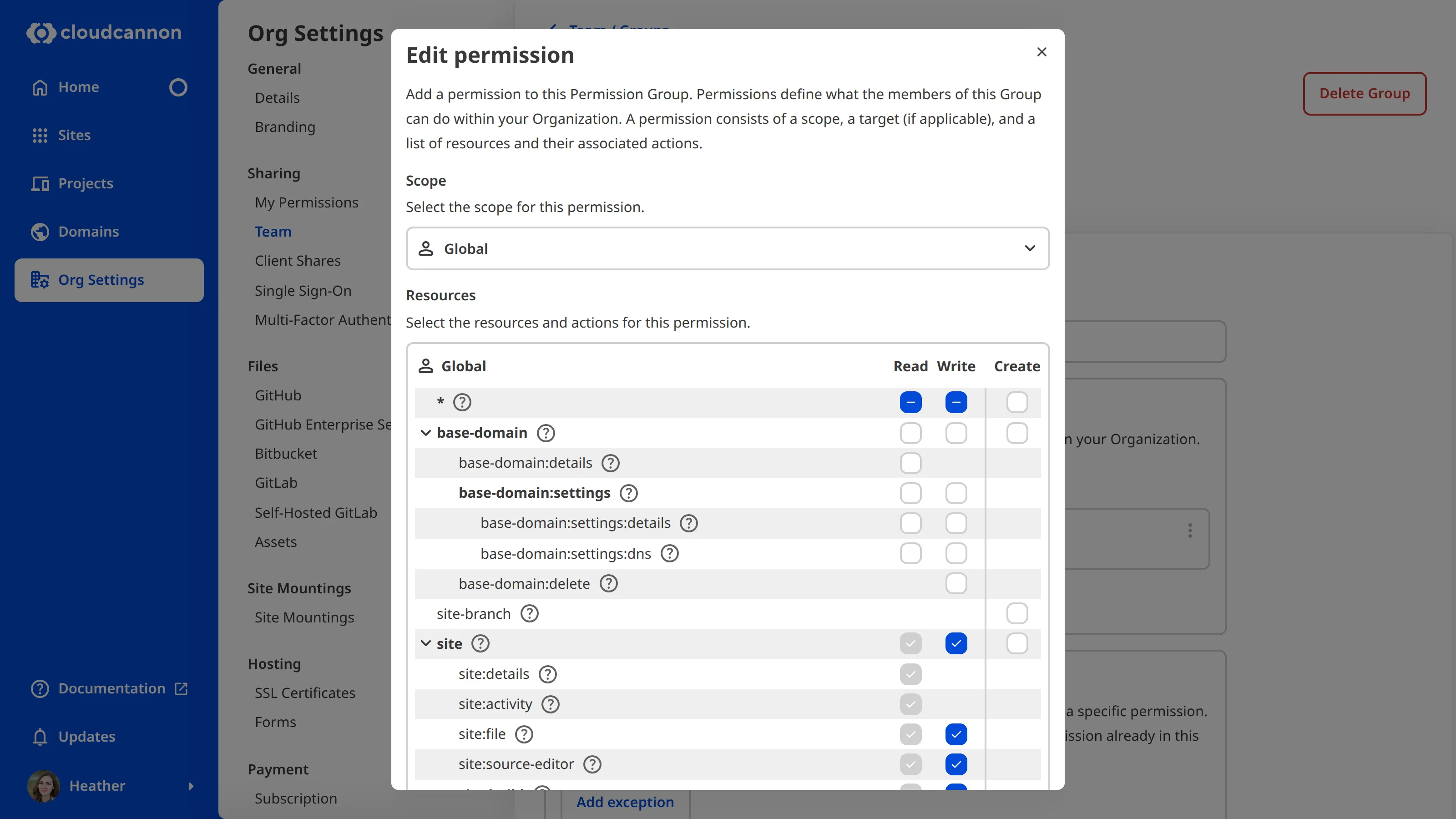 The Edit permission modal A screenshot of the Edit permission modal shows the scope and resource tree for a Global permission with site:write.