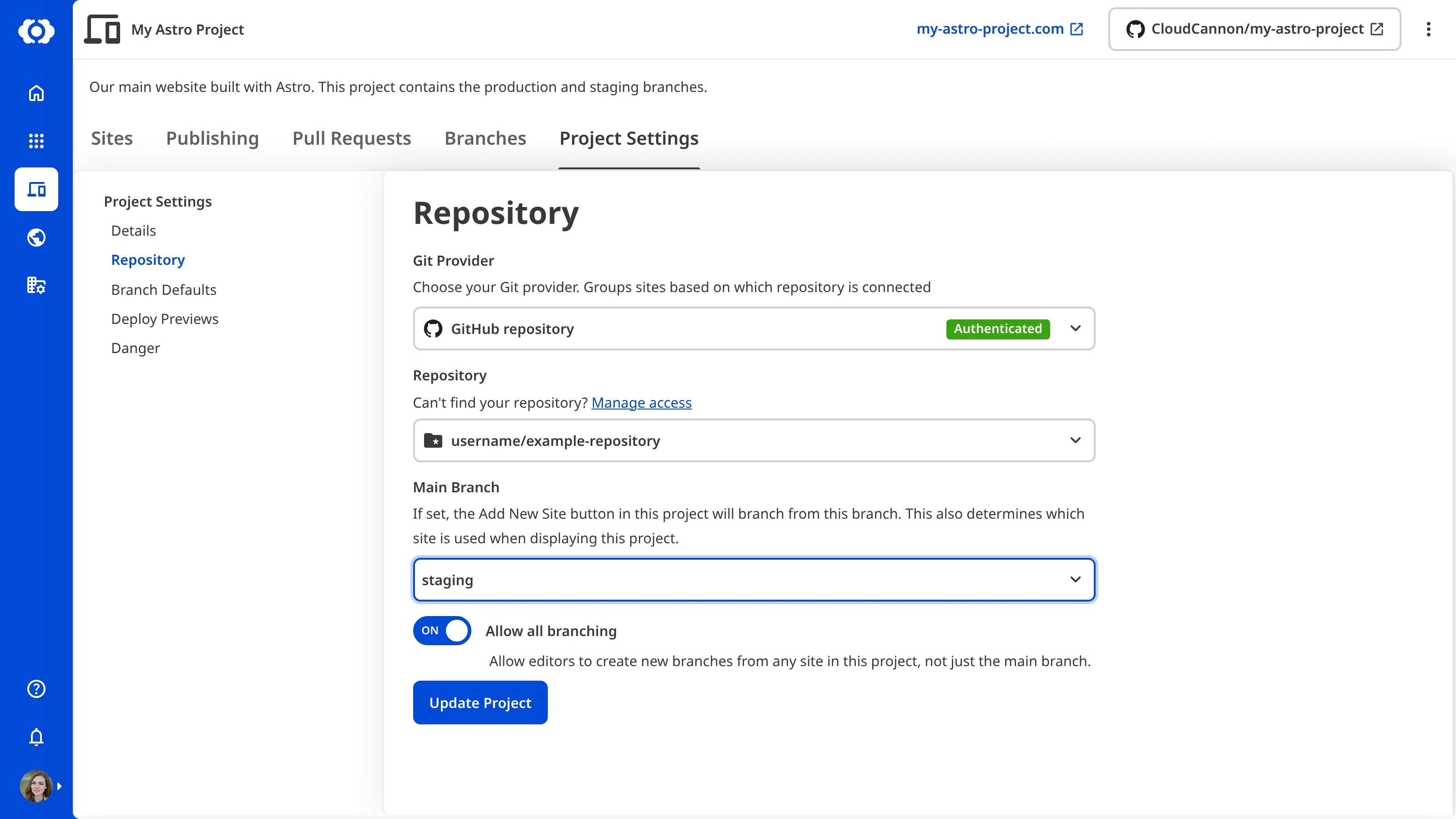 Choosing a new Main Branch for the Project A screenshot of the Repository section in Project Settings after selecting a different branch from the Main Branch dropdown.