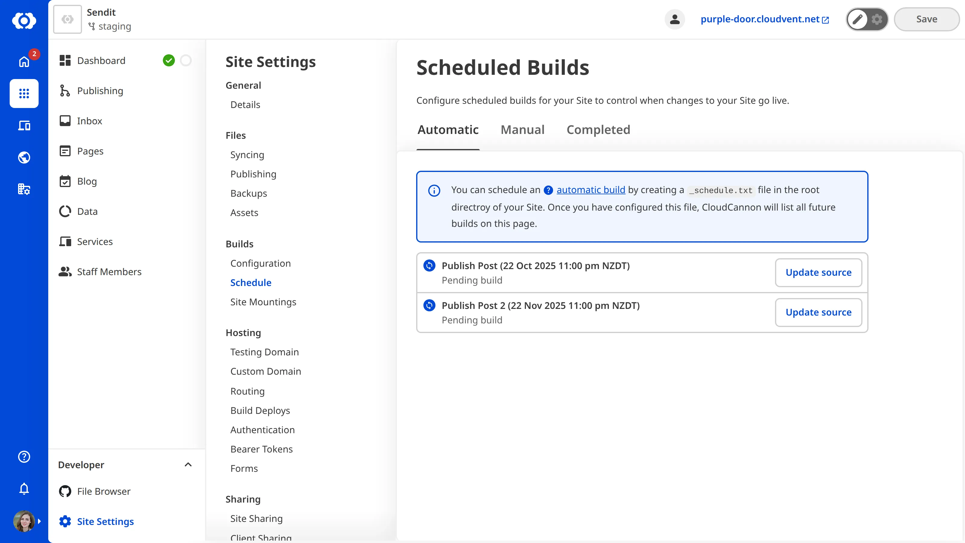 The Schedule page for automatic builds Automatic Builds Schedule interface