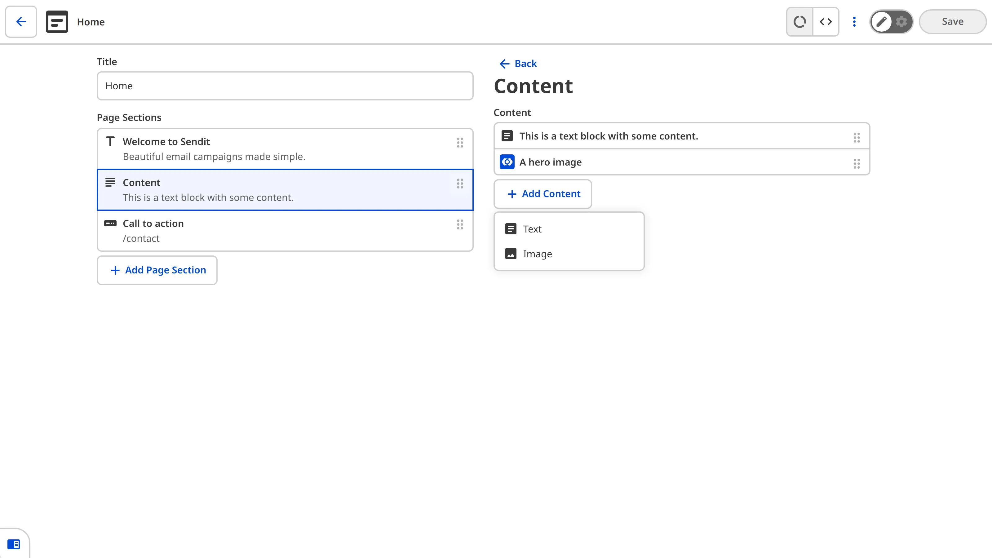 The sidebar of the Content Editor shows nested structure options within the Content item, with Text and Image sub-elements.