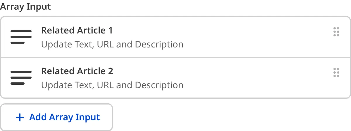 A screenshot of the Array Input in the Data Editor shows a two preview cards in a list.
