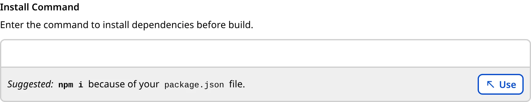 A screenshot of the Install Command text field and CloudCannon's suggested value in a light blue box.