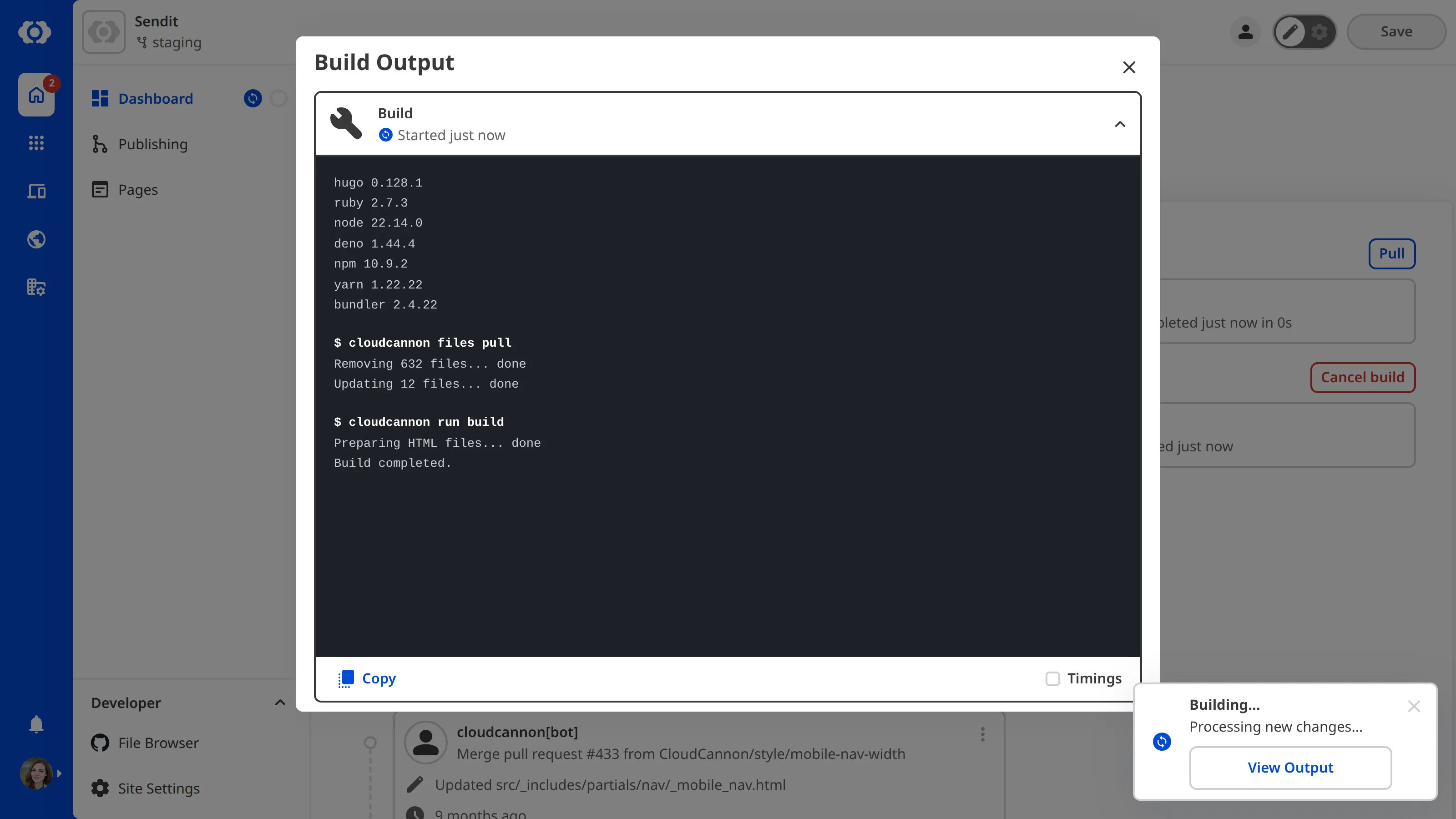 A screenshot of the Content Editor with the Build Terminal modal open shows the progress of the current Site build.