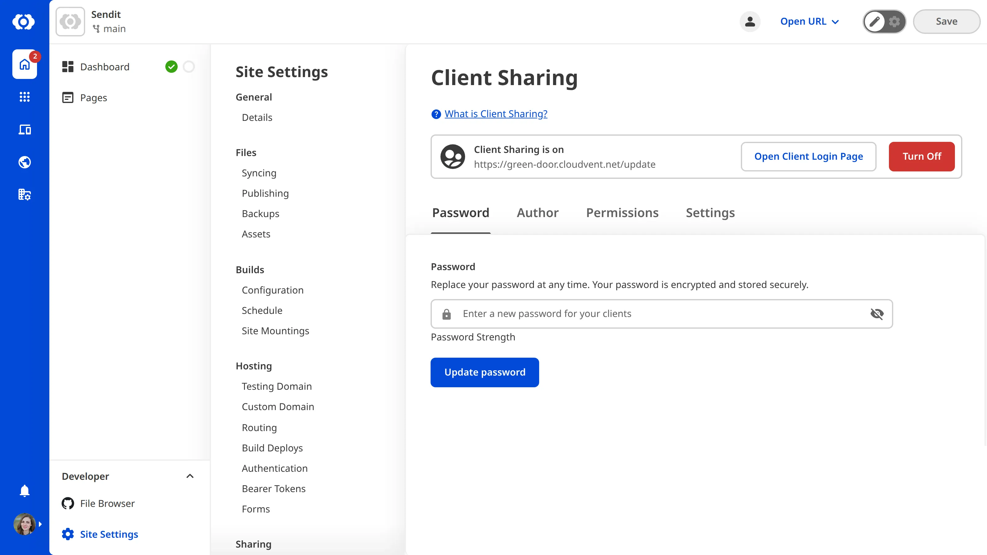 A screenshot of the Client Sharing page showing options to reset the password and disable Client Sharing.