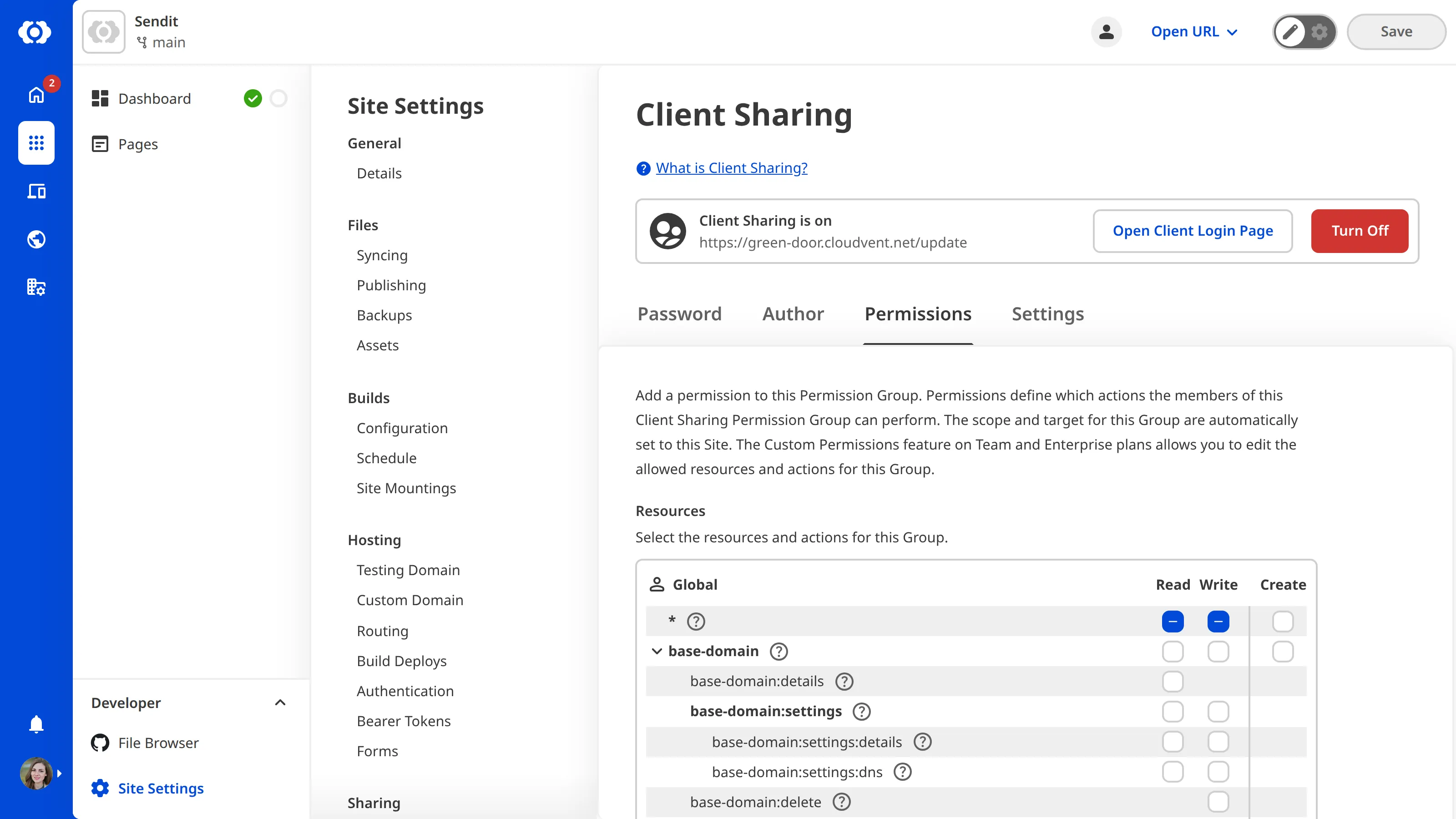 A screenshot of the Permissions tab on the Client Sharing page shows the resources and actions Clients are permitted to take for this Site.