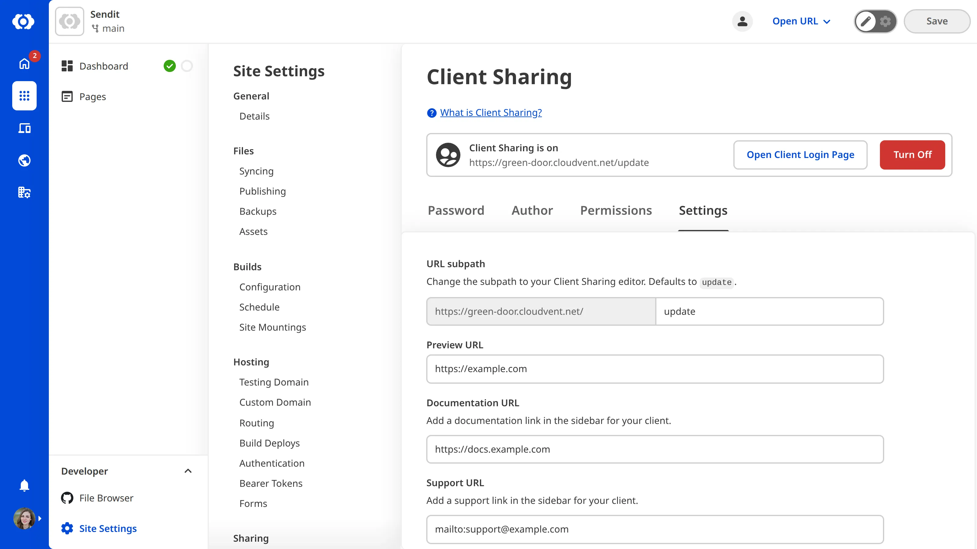 A screenshot of the Settings tab on the Client Sharing page shows the three fields for Preview URL, Documentation URL, and Support URL.