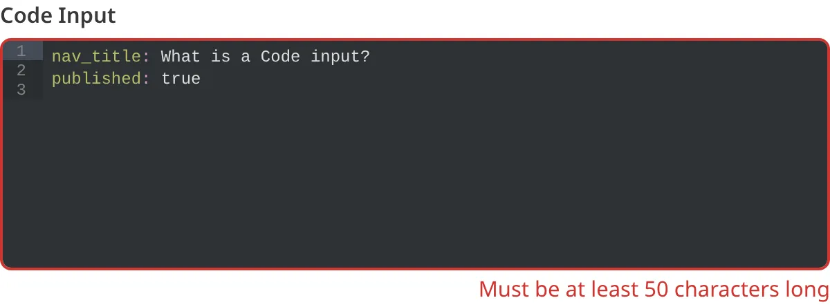 A screenshot of the Code Input in the Data Editor shows an error message as the value is too few characters.