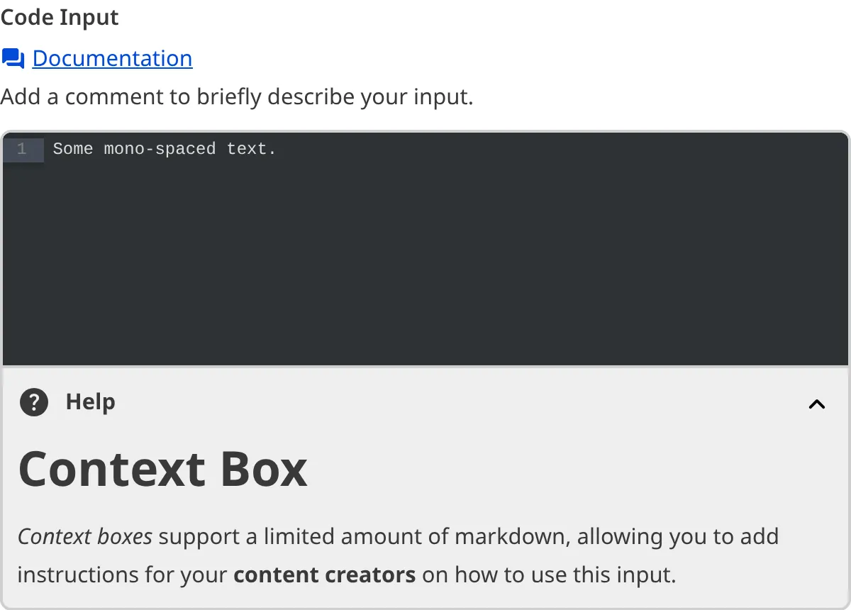 A screenshot of the Code Input in the Data Editor with a Context Box underneath the code area.