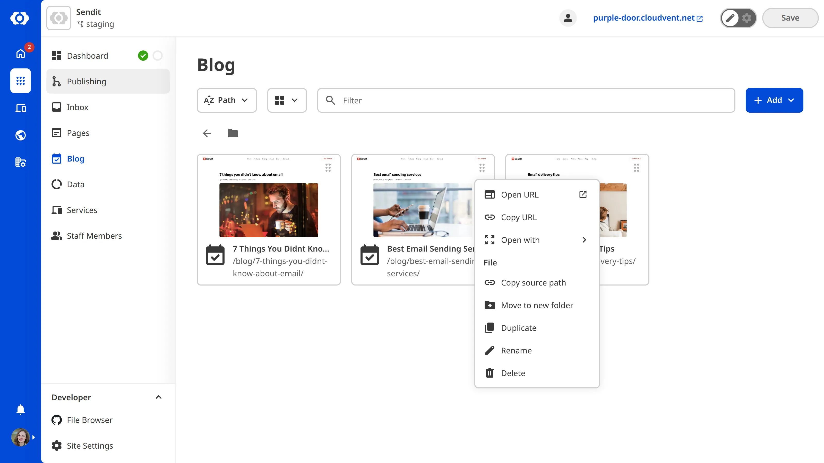 The collection browser shows a series of files, one with the Context Menu open from the top right of the file card.