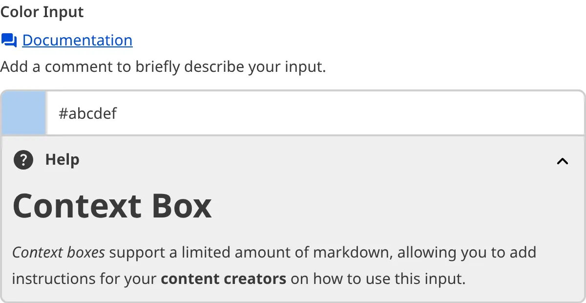 A screenshot of the Color Input in the Data Editor with a Context Box underneath the text field.