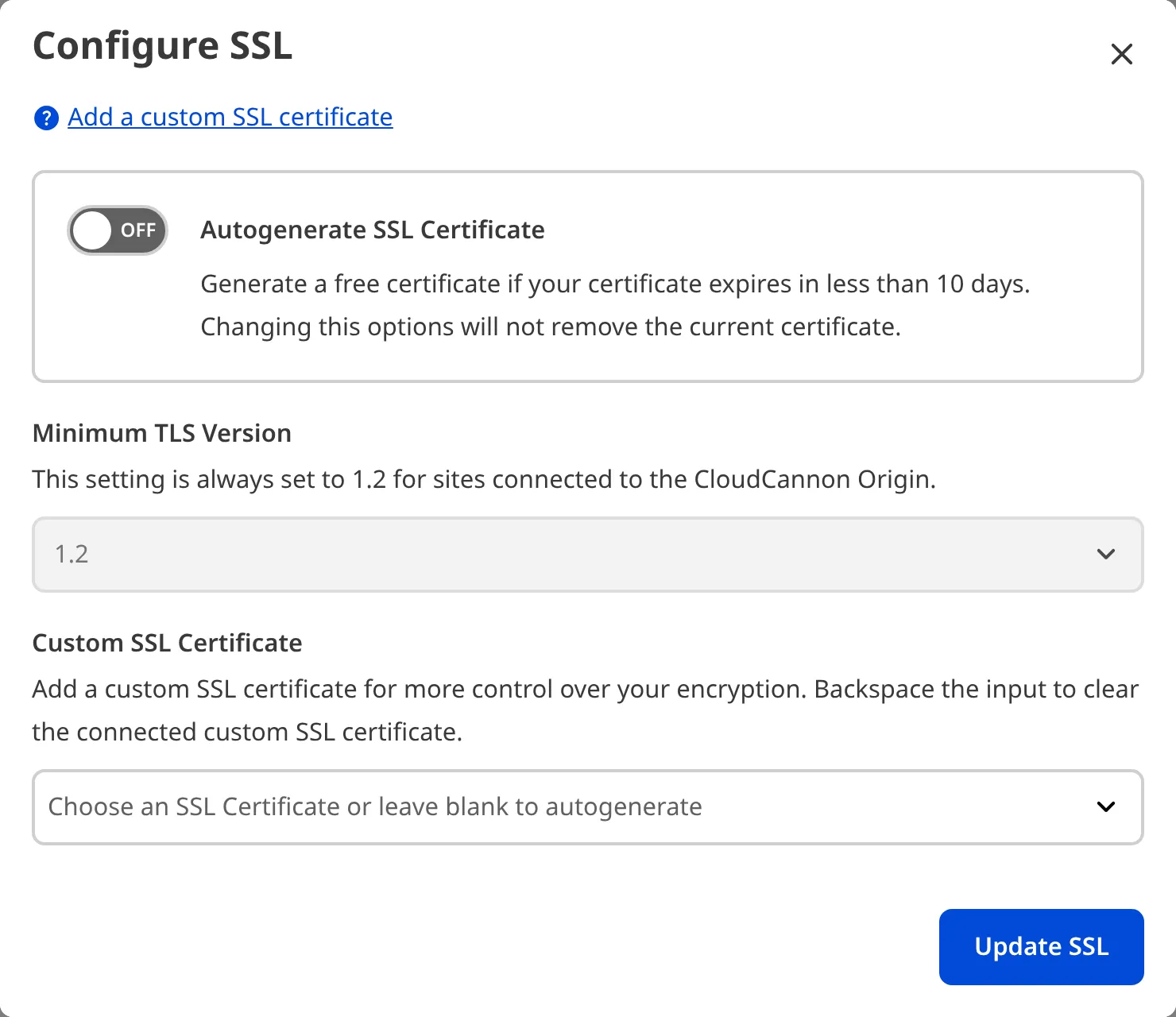 A screenshot of the SSL settings modal shows fields for Minimum TLS Version, Validation Method, and a wildcard certificate checkbox.