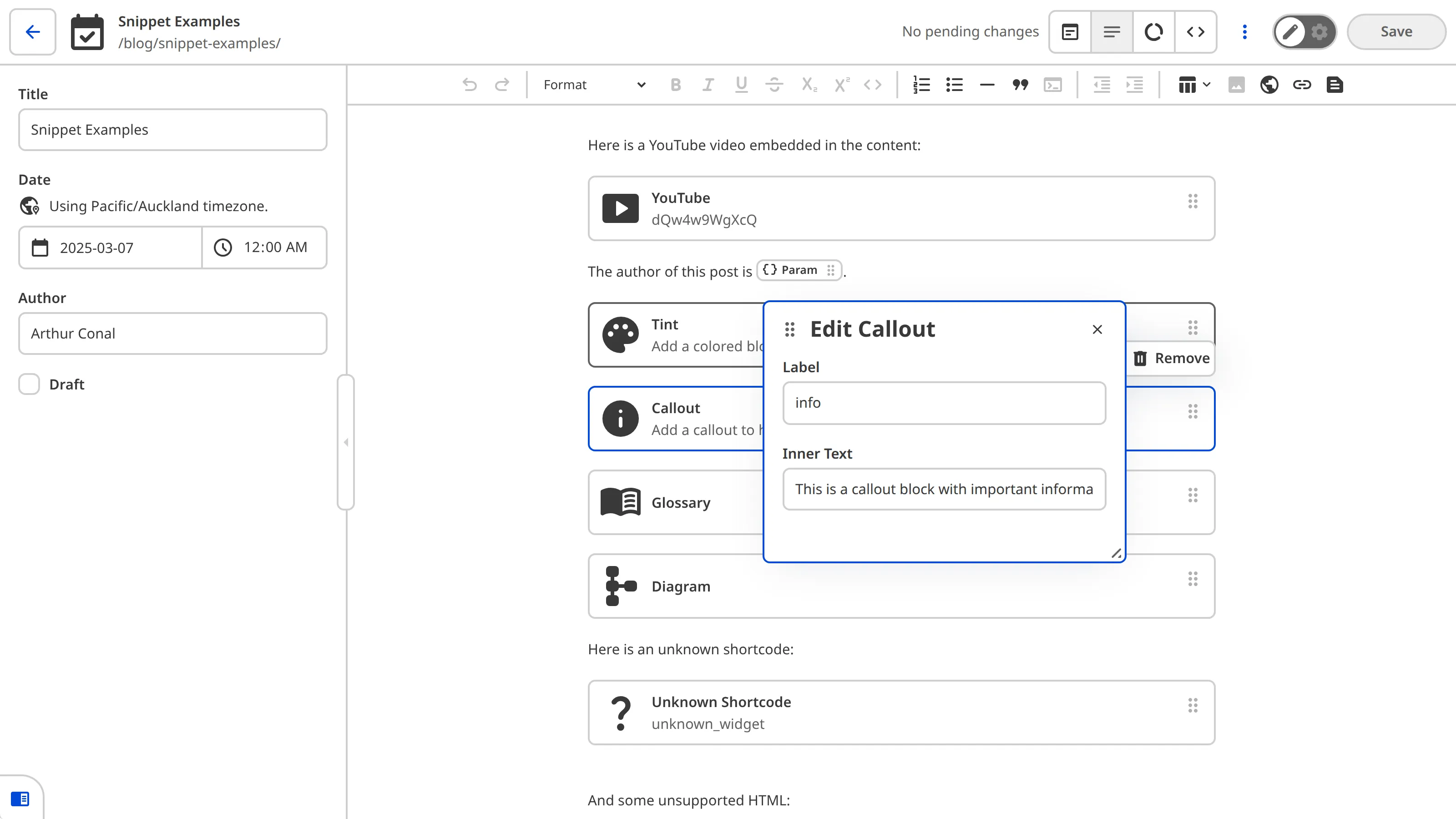 The Content Editor showing a Callout Snippet block selected with the data editor panel open, displaying Label and Inner Text inputs.