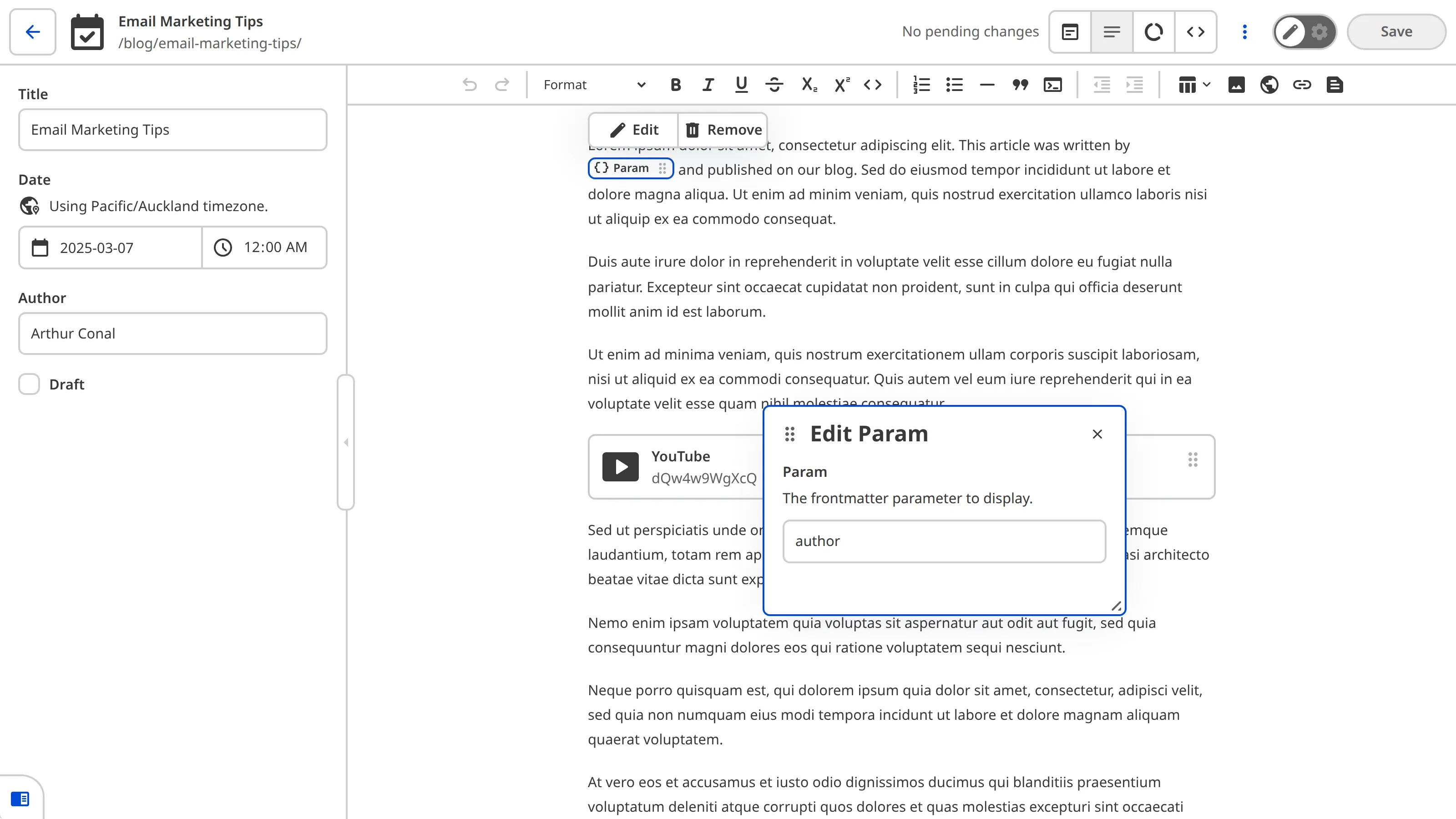 The Content Editor A screenshot of the Content Editor shows a blog post with an inline Param Snippet within a paragraph of text and the Snippet data panel open for editing.