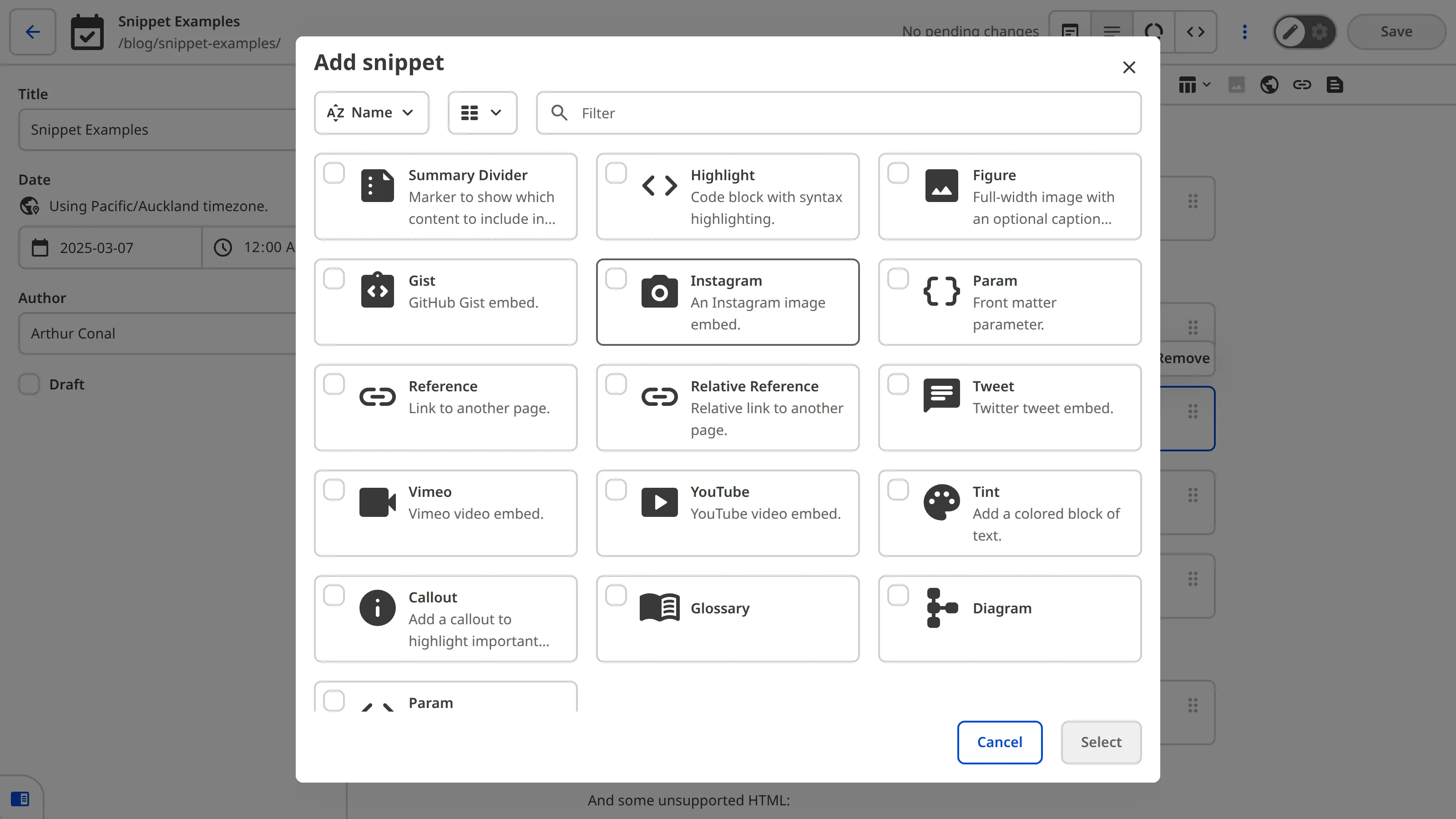 The Snippets pop-up modal in the Content Editor A screenshot of the Snippets pop-up modal in the Content Editor shows a selection of Snippets available to insert into rich text.