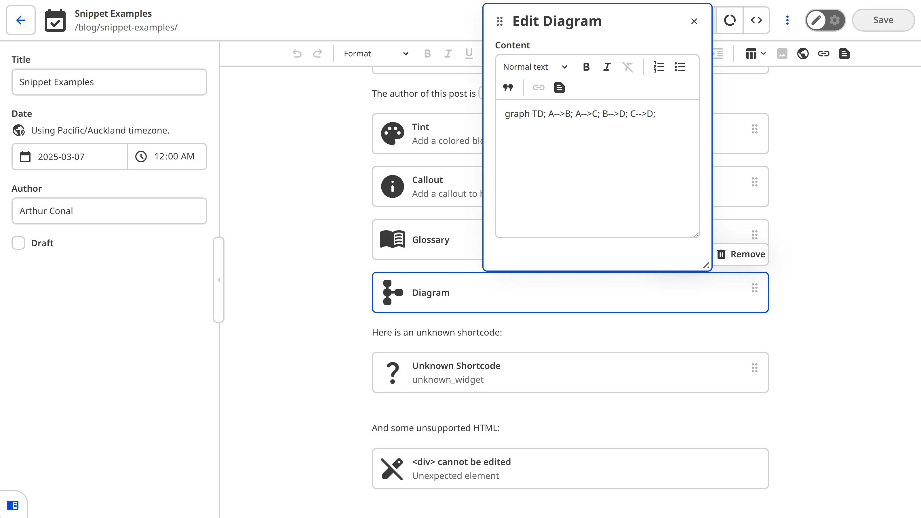 The Content Editor showing a Diagram Snippet block selected with the data editor panel open, displaying the Content input.